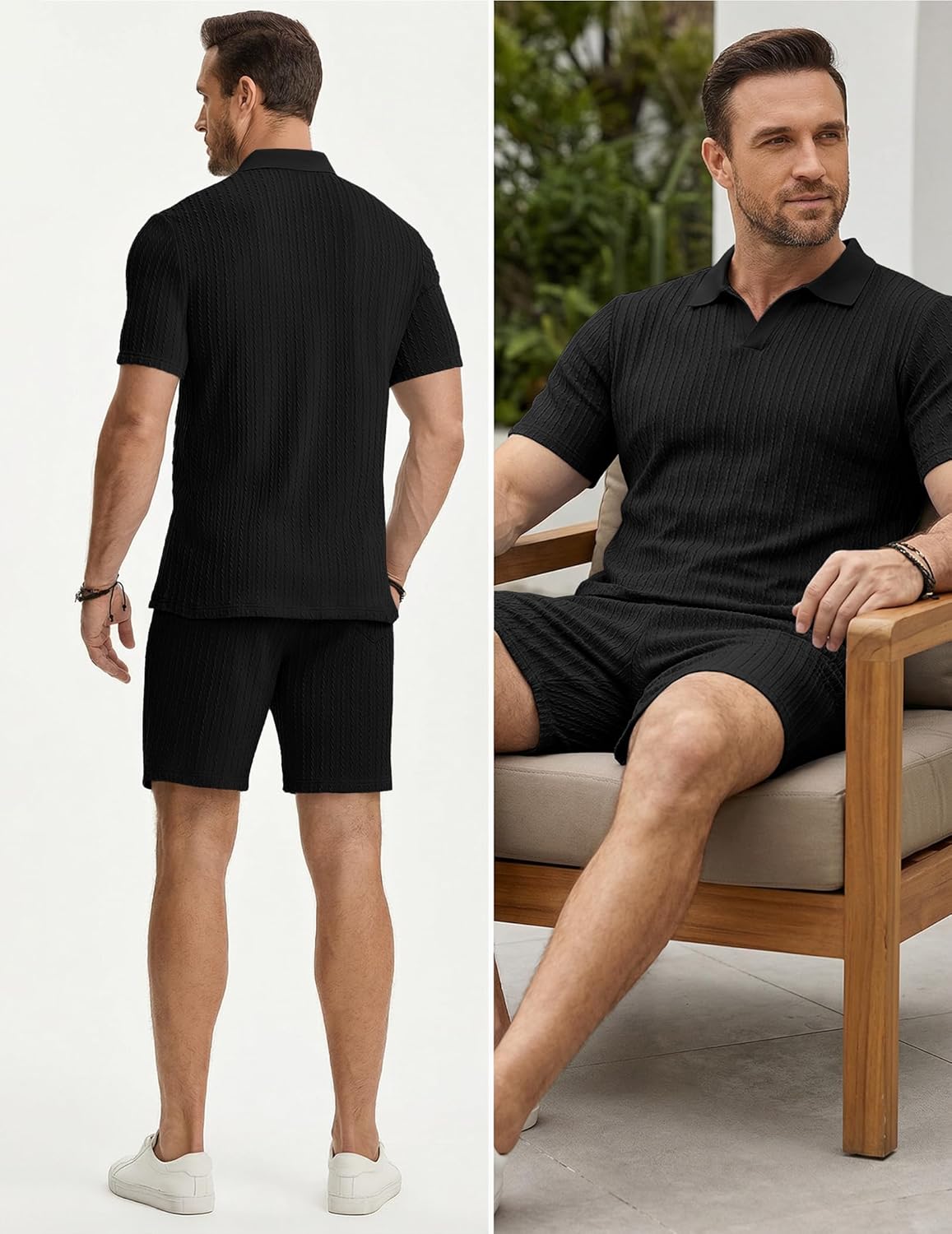 JMIERR Herren Jogginganzug Set Sommer 2 Teiliges Poloshirts Kurzarm Einfarbig Strick mit Kurze Hose Herren mit Elastischer Taille Baggy Freizeitanzug