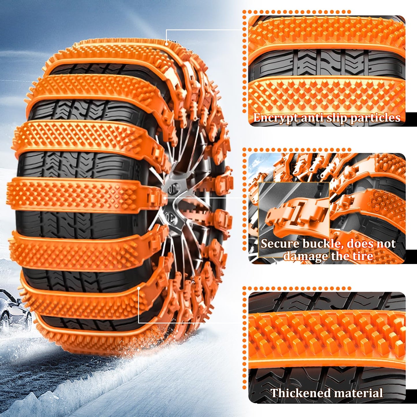 badaren Schneeketten, 10 Stück Notfall-Anti-Rutsch-Universal-Autoreifenketten, Wiederverwendbare Auto Schneeketten, Geeignet für Pkw/Geländewagen/Lkw/Suv, Einsetzbar Auf Schnee, Schlamm (Orange A)