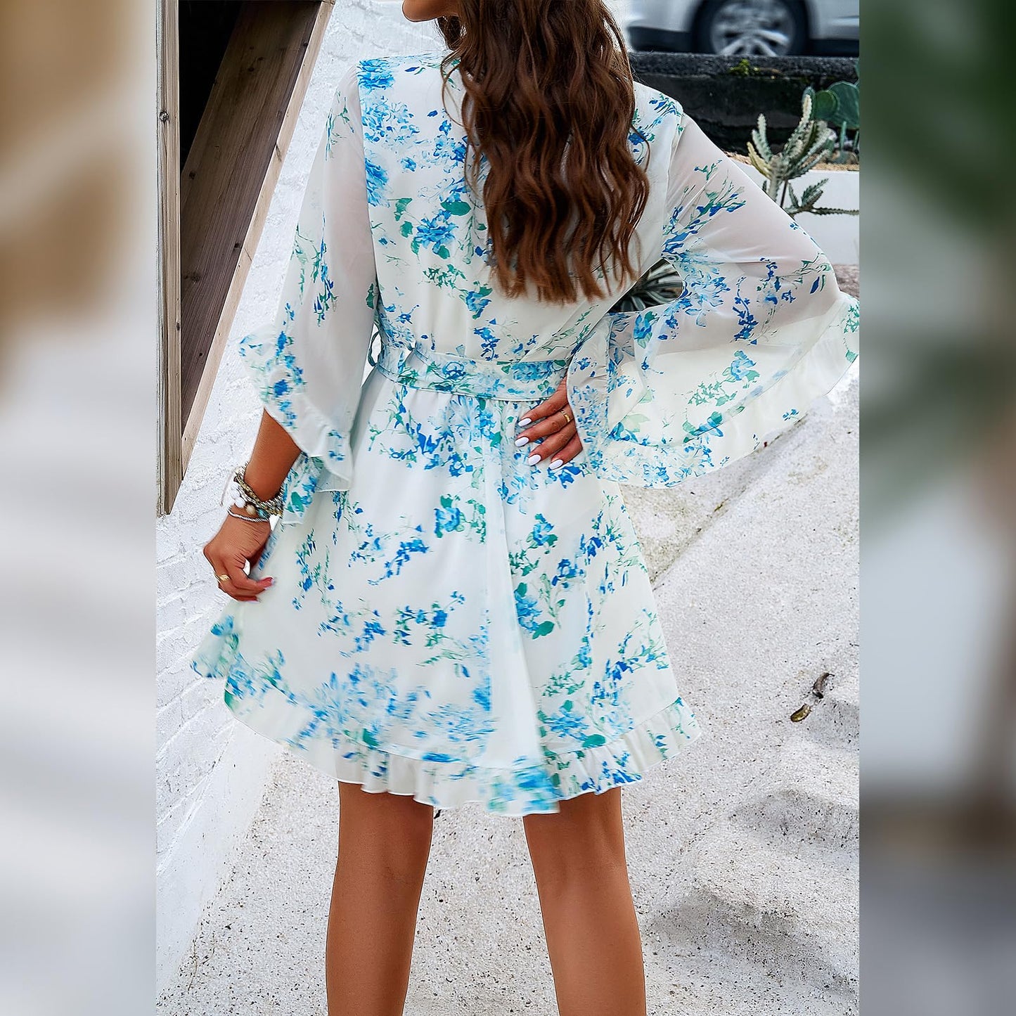 Odizli Sommerkleid Damen Kurz Elegant Blumen Chiffon V-Ausschnitt Wickelkleid