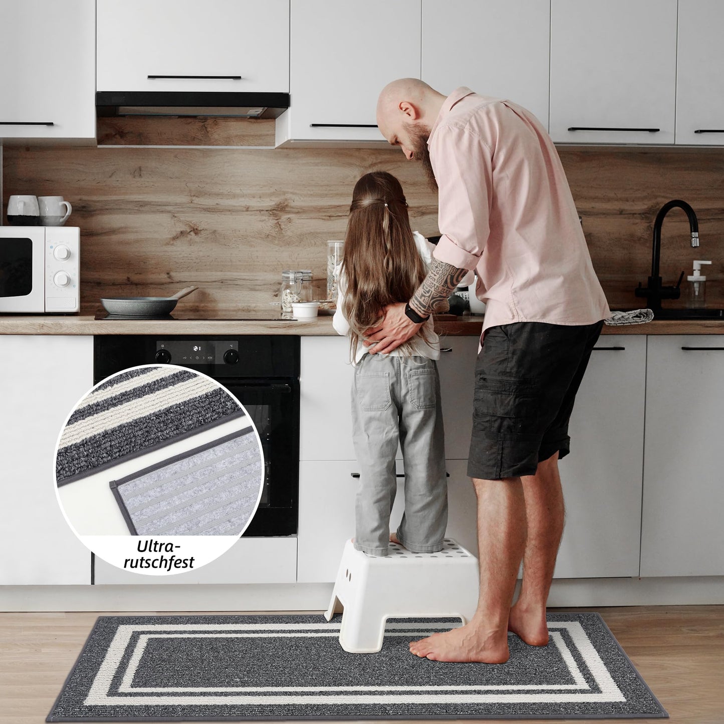 COSY HOMEER Küchenläufer rutschfest 2 Stück, Küchenteppich Waschbar rutschfest, Küchenmatten, Teppich Läufer Flur für Küche, Kitchen Mat/Rug/Carpet(51x76CM + 51x122CM, Grau)