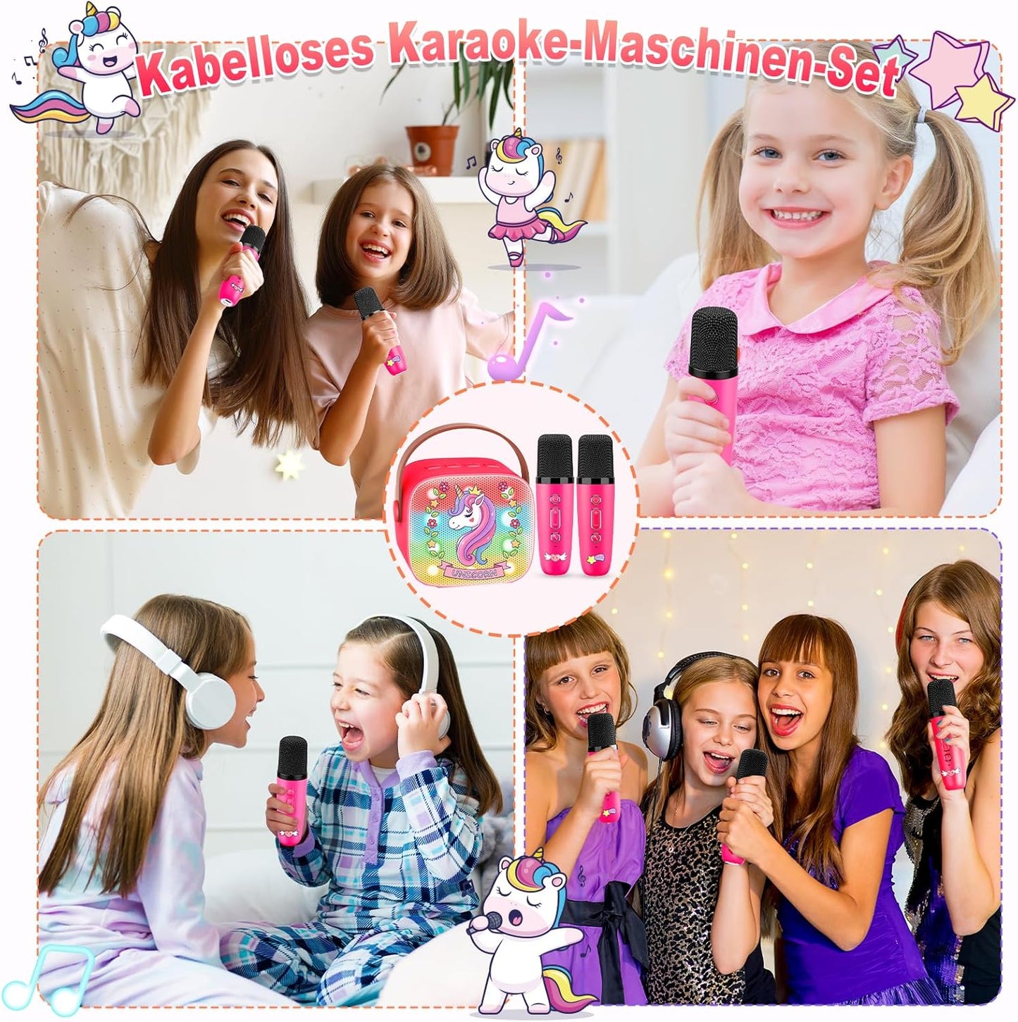 Karaoke Machine with 2 Bluetooth Microphones, Children's Unicorn Christmas Gifts Toy for Girls 3-12 Years, Portable Karaoke Microphone Set with DSP and LED Lights