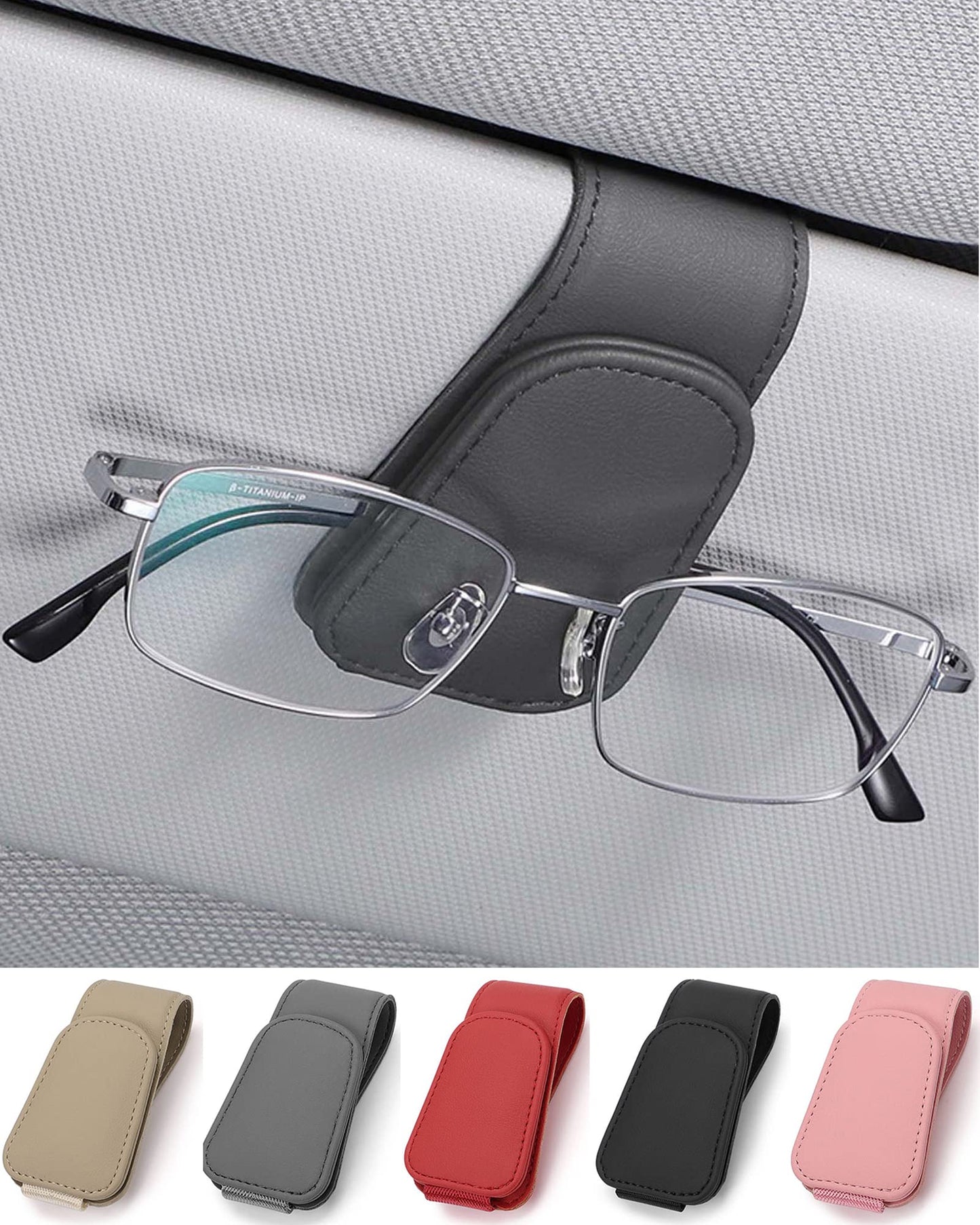 JEJA Glasses Holder for Car Sun Visor, Leather Sunglasses Holder for Car Visor Accessories, Ticket Card Clip, Black