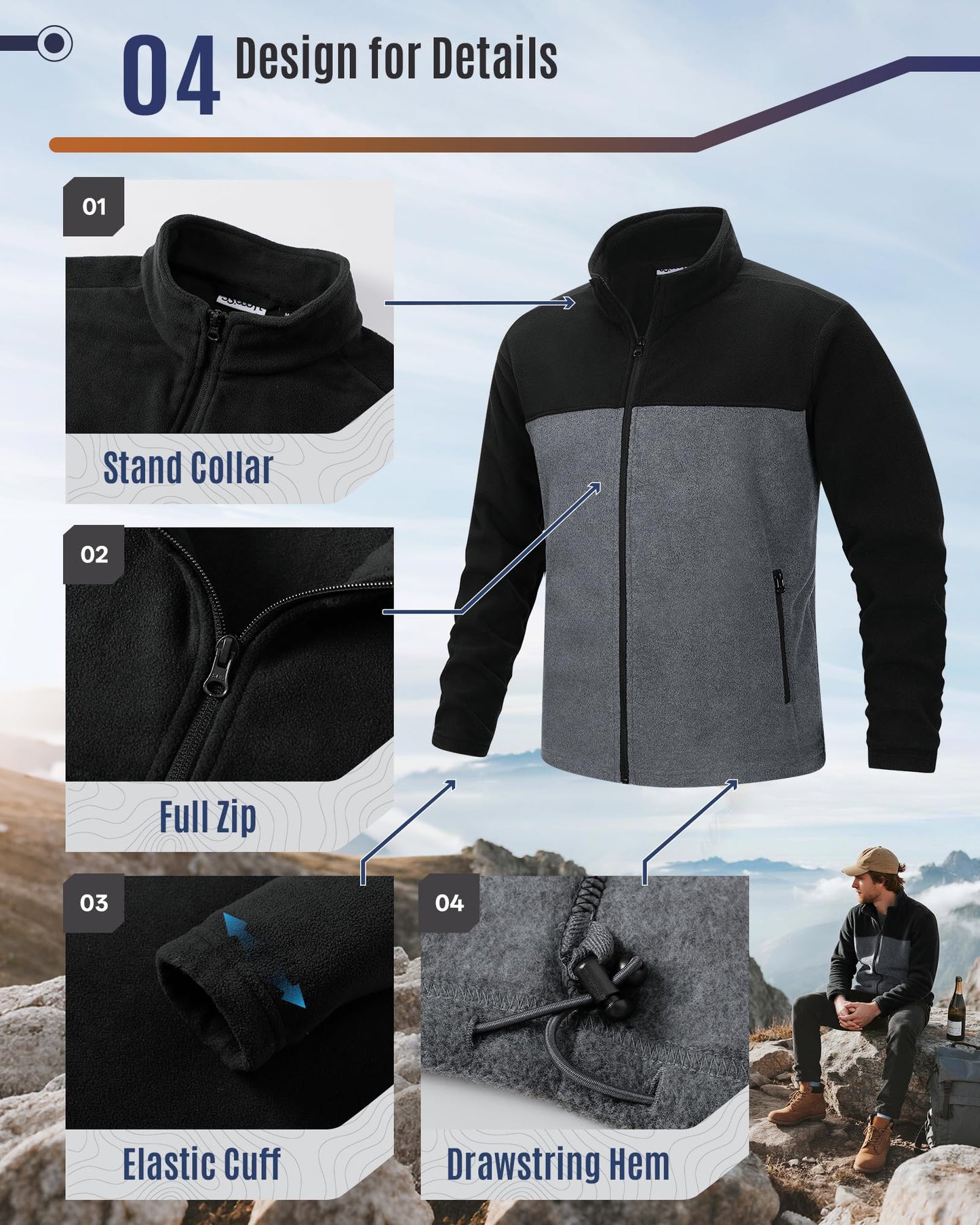33,000ft Herren Fleecejacke Leicht Strickjacke Warm Übergangsjacke