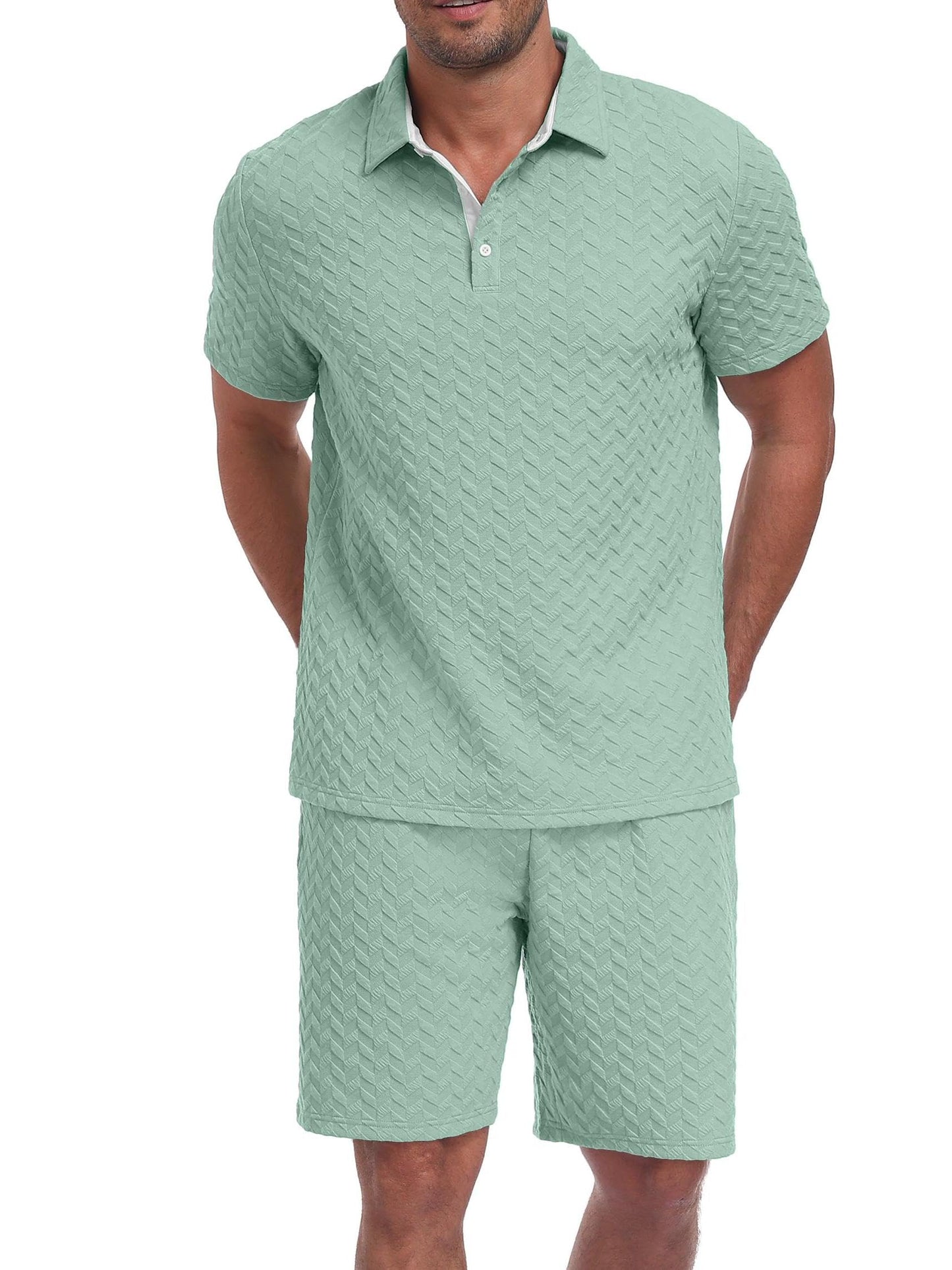 QIXING Herren Sommer Set 2 Teiler Polohemd und Shorts Set Herren Kurzarm Polo Shirt mit Strukturmuster Leichtes Freizeit Outfit für Urlaub Strand Reisen und Alltag