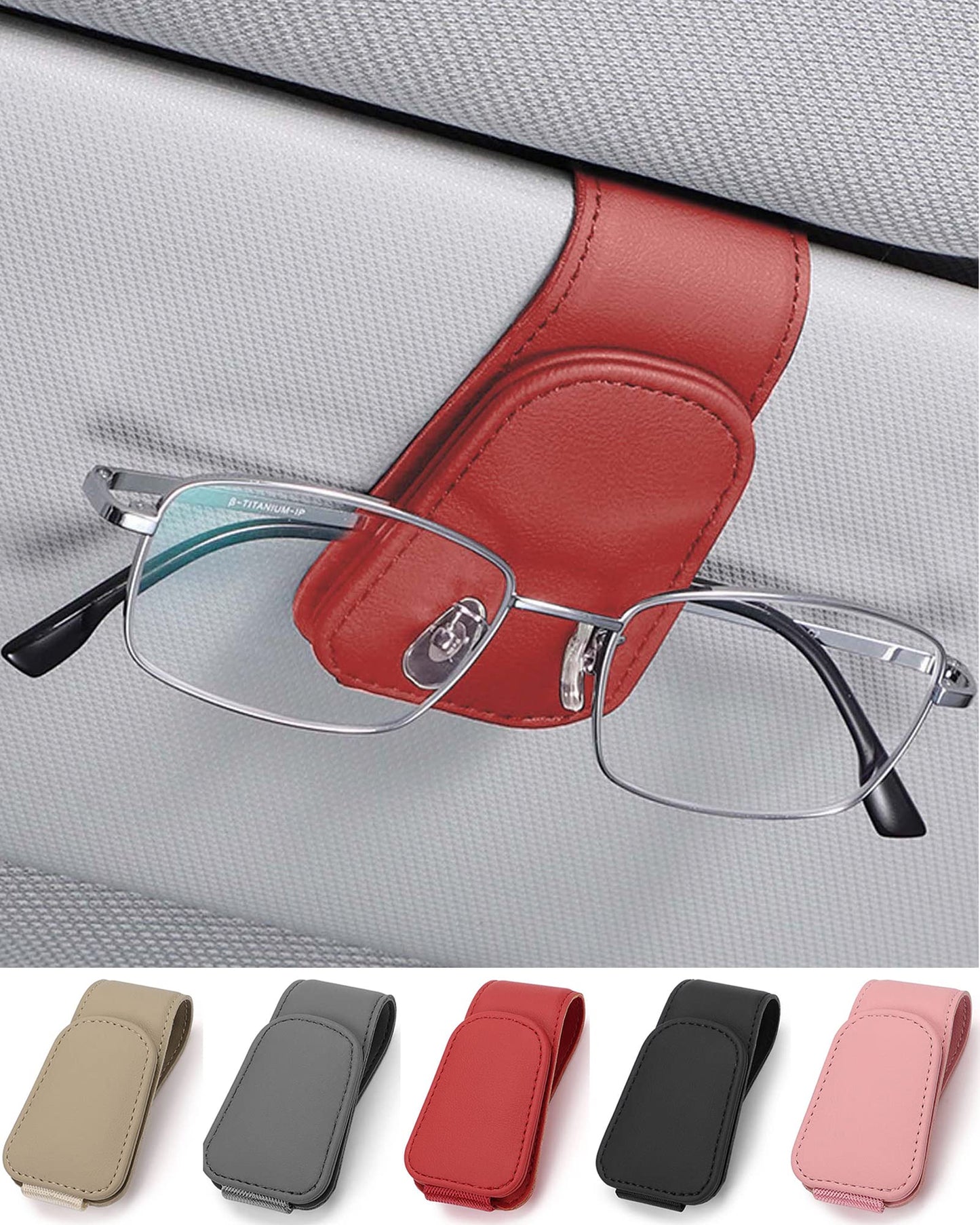 JEJA Glasses Holder for Car Sun Visor, Leather Sunglasses Holder for Car Visor Accessories, Ticket Card Clip, Black