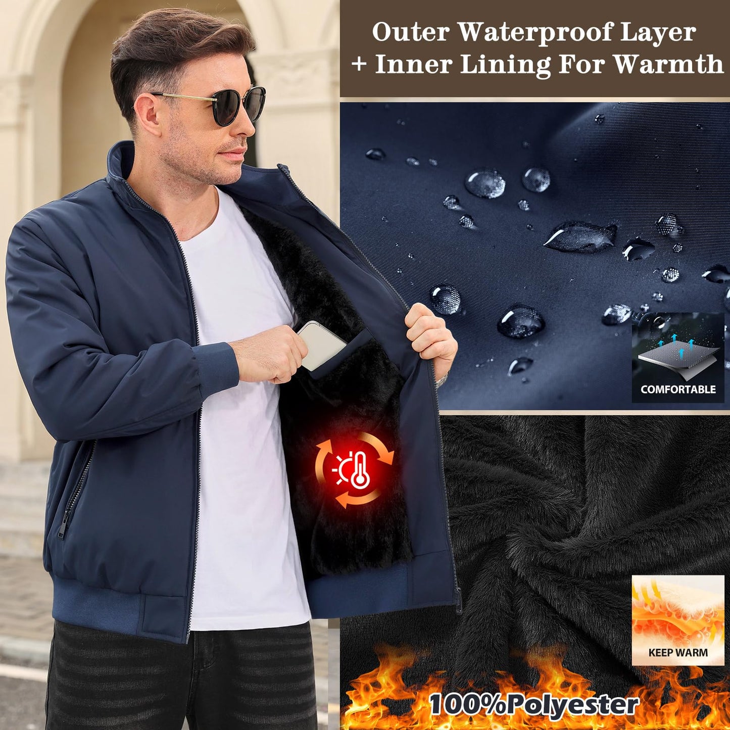 Lonya Men's Fleece Winter Windproof Bomber Jacket Full Zip Transition Jacket Flight Jacket Autumn Warm Padded Stand-Up Collar Coats Jackets