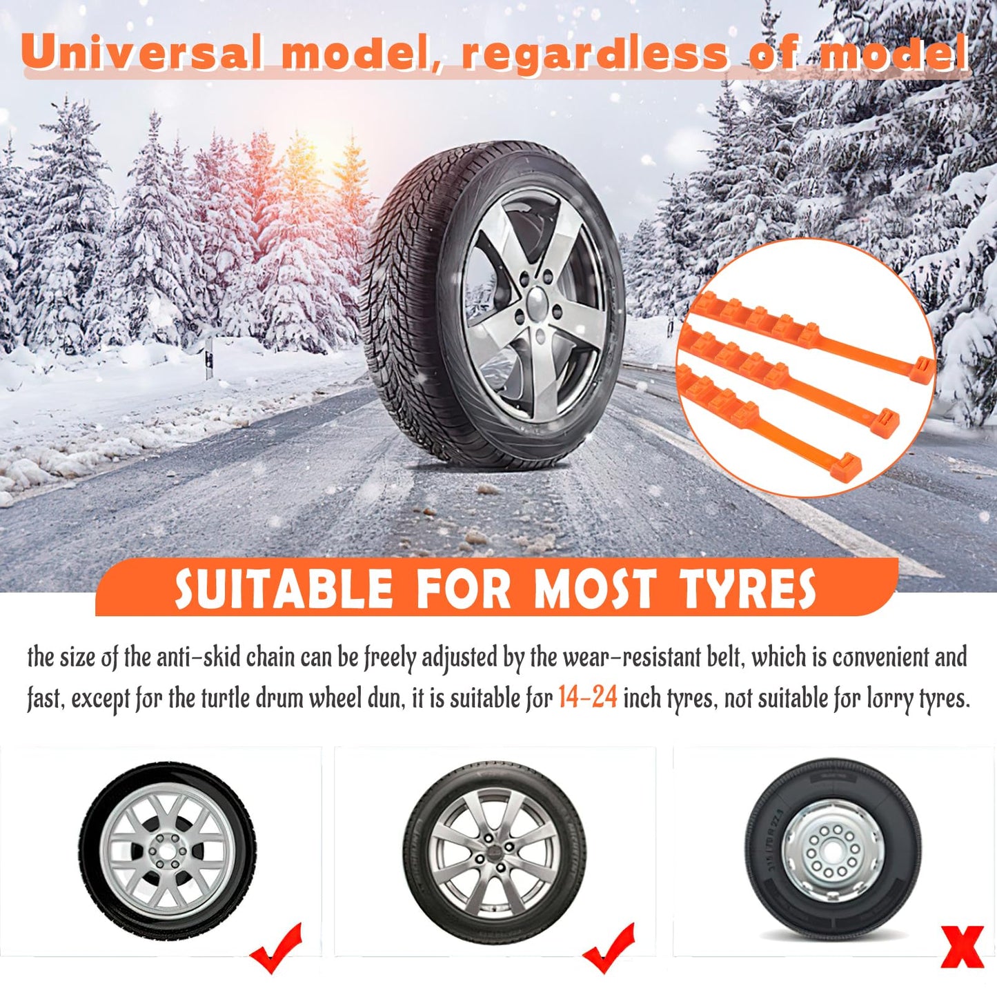 badaren Schneeketten, 10 Stück Notfall-Anti-Rutsch-Universal-Autoreifenketten, Wiederverwendbare Auto Schneeketten, Geeignet für Pkw/Geländewagen/Lkw/Suv, Einsetzbar Auf Schnee, Schlamm (Orange A)