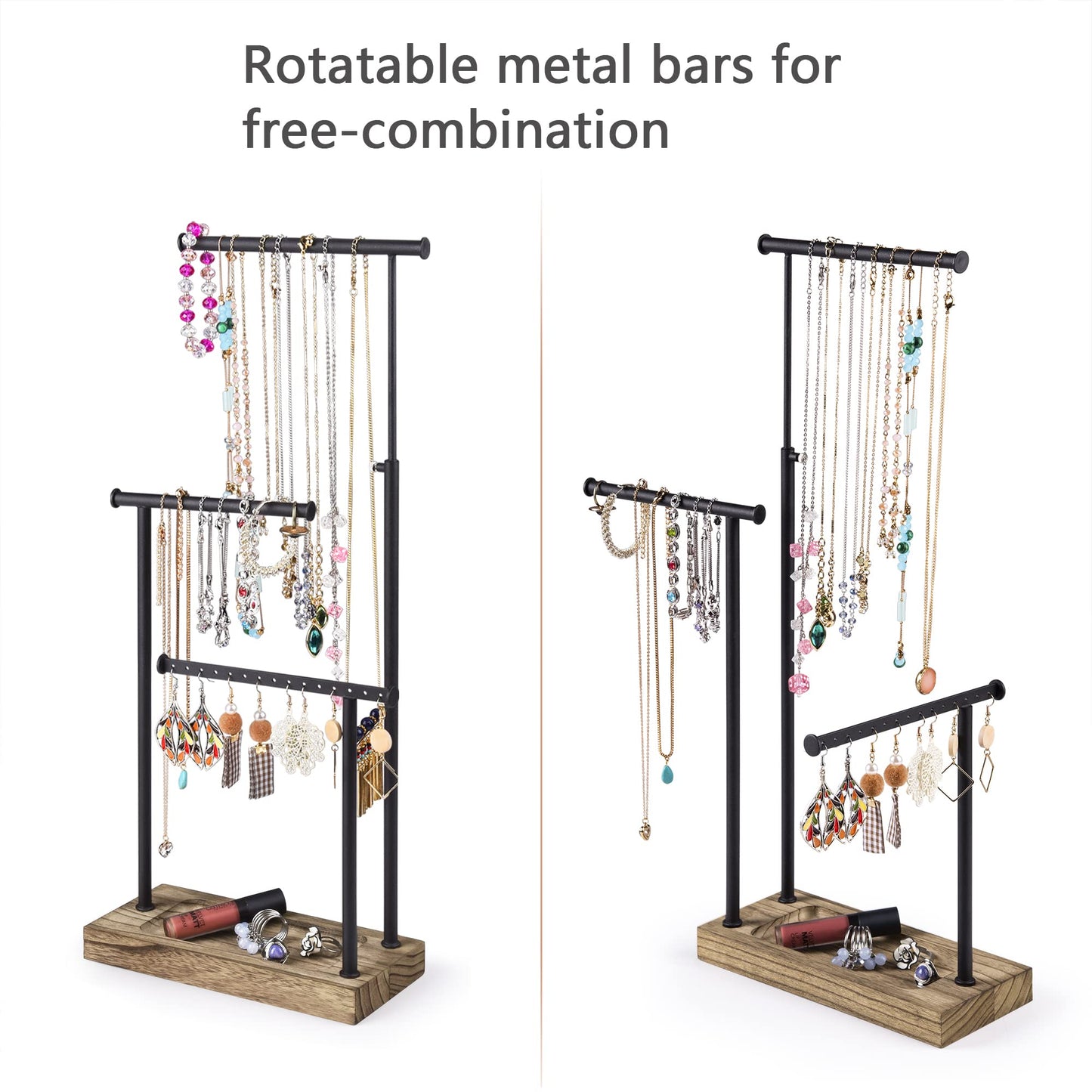 SRIWATANA Schmuckständer Holz Schmuckhalter Kettenhalter 3 Stäbe Drehbar (51cm) Schmuckbaum Schmuckaufbewahrung für Ketten Ohrringen Ringen Uhren und Armbändern