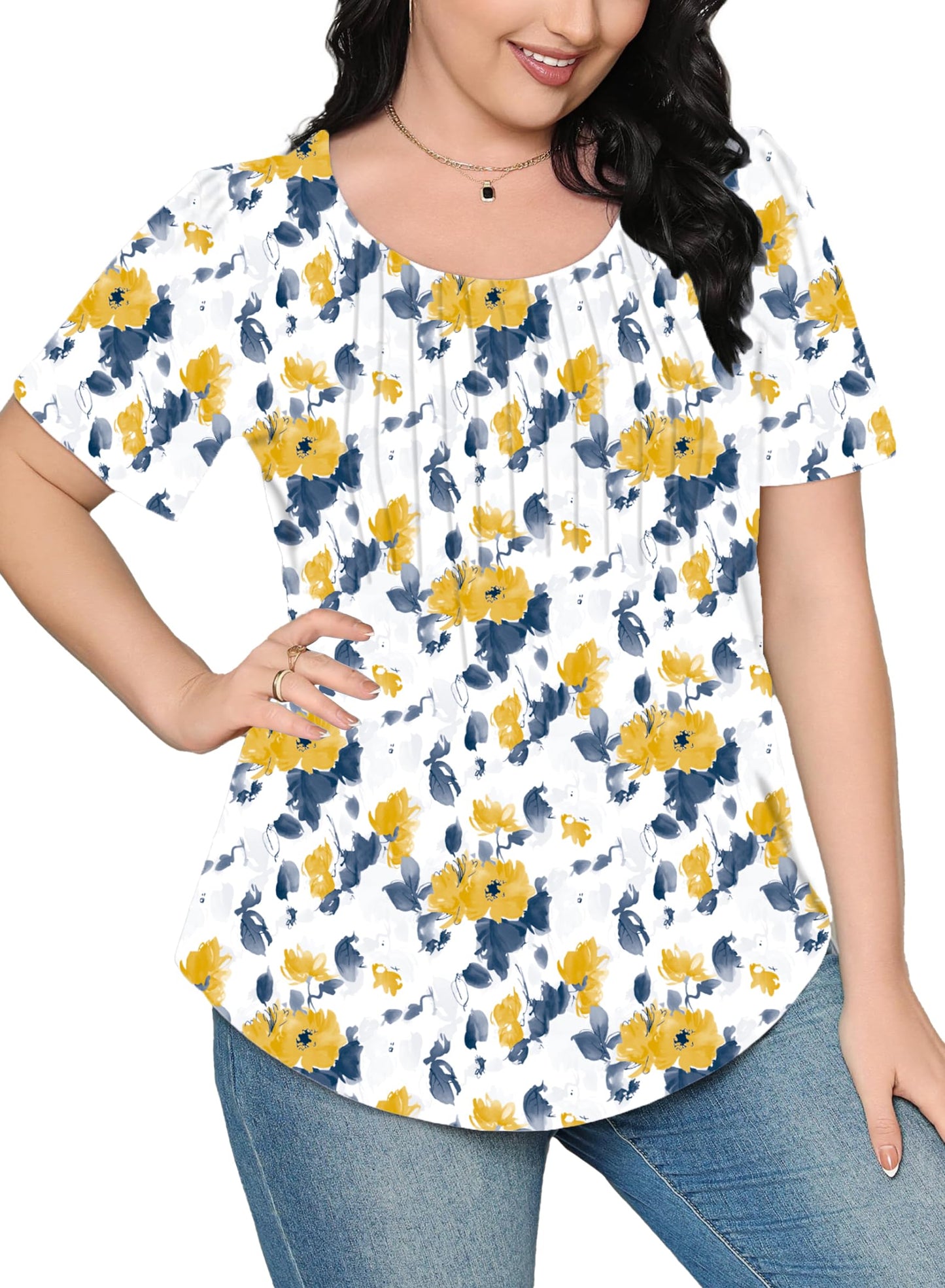 Cuptacc Tshirt Damen Rundhals Mit Falten Locker Puffärmel T-Shirt Elegant Kurzarm Geblümt/Einfarbig Top Damen