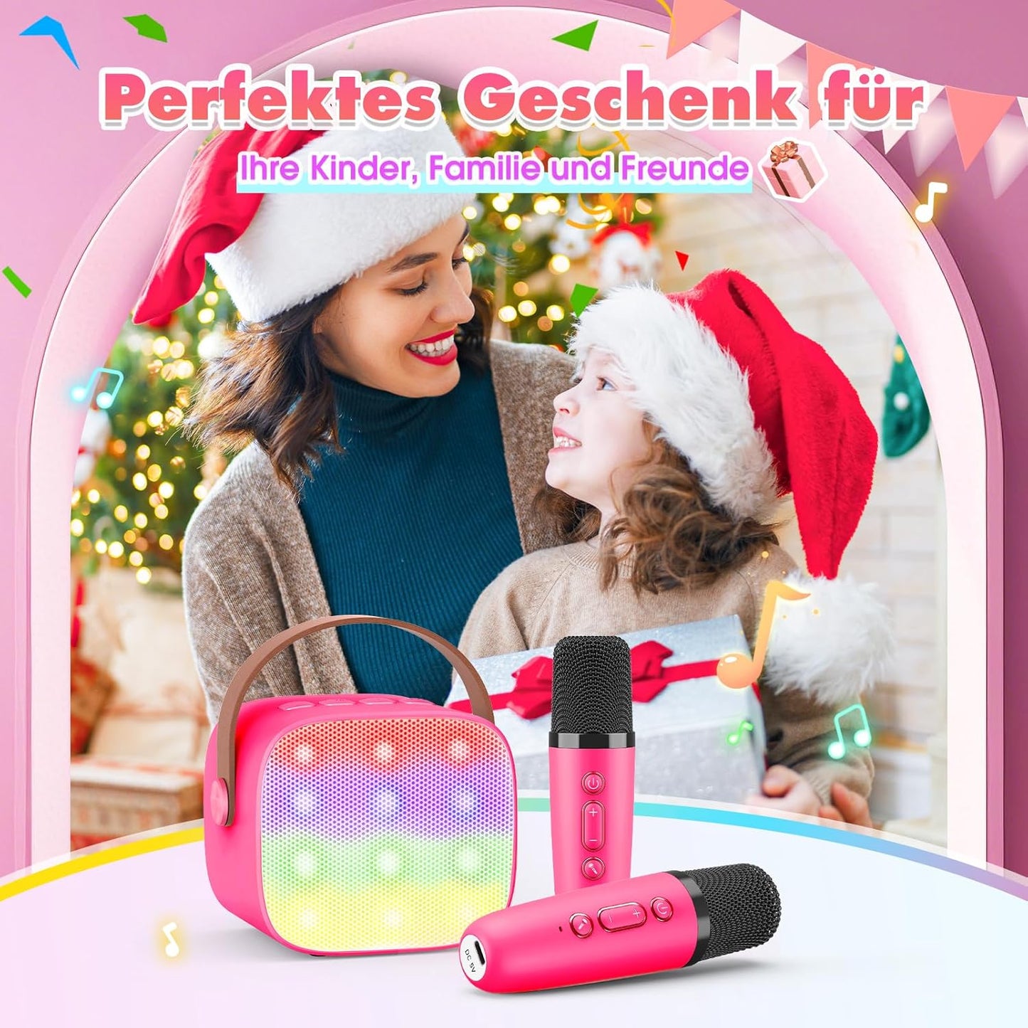 Karaoke Machine with 2 Bluetooth Microphones, Children's Unicorn Christmas Gifts Toy for Girls 3-12 Years, Portable Karaoke Microphone Set with DSP and LED Lights