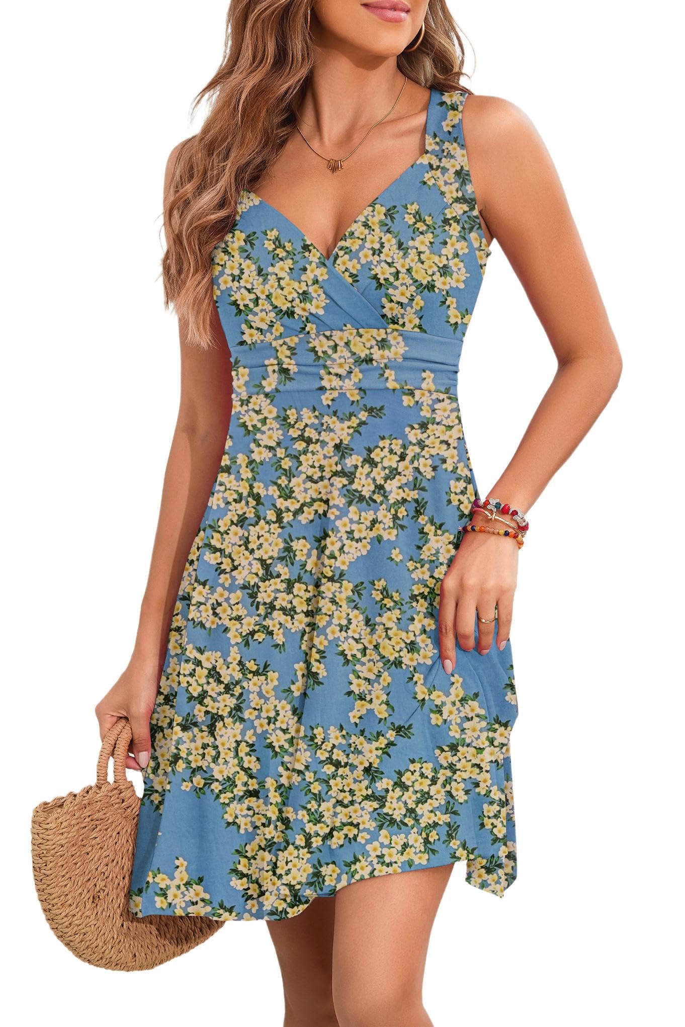 YUTILA Sommerkleid Damen V-Ausschnitt Ärmelloses Kleider Midi Blumenmuster Leicht Kleid Strandkleid