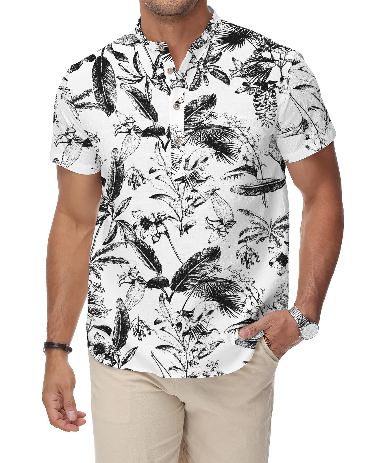 HMIYA Herren Sommerhemd Baumwolle Leinen Kurzarm Hemd Herren Henley-Kragen Lässiges Regular Fit Shirts