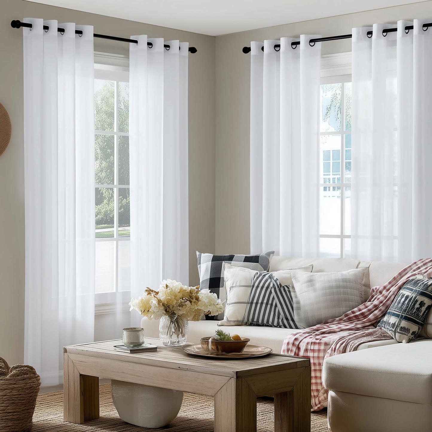 PONY DANCE Voile Gardinen Weiss Transparent Ösenvorhang 2er Set H 160 x B 140 cm Wohnzimmer Gardinen Kurz Durchlässige Vorhänge Weiß Vorhang Leinenoptik Schlafzimmer