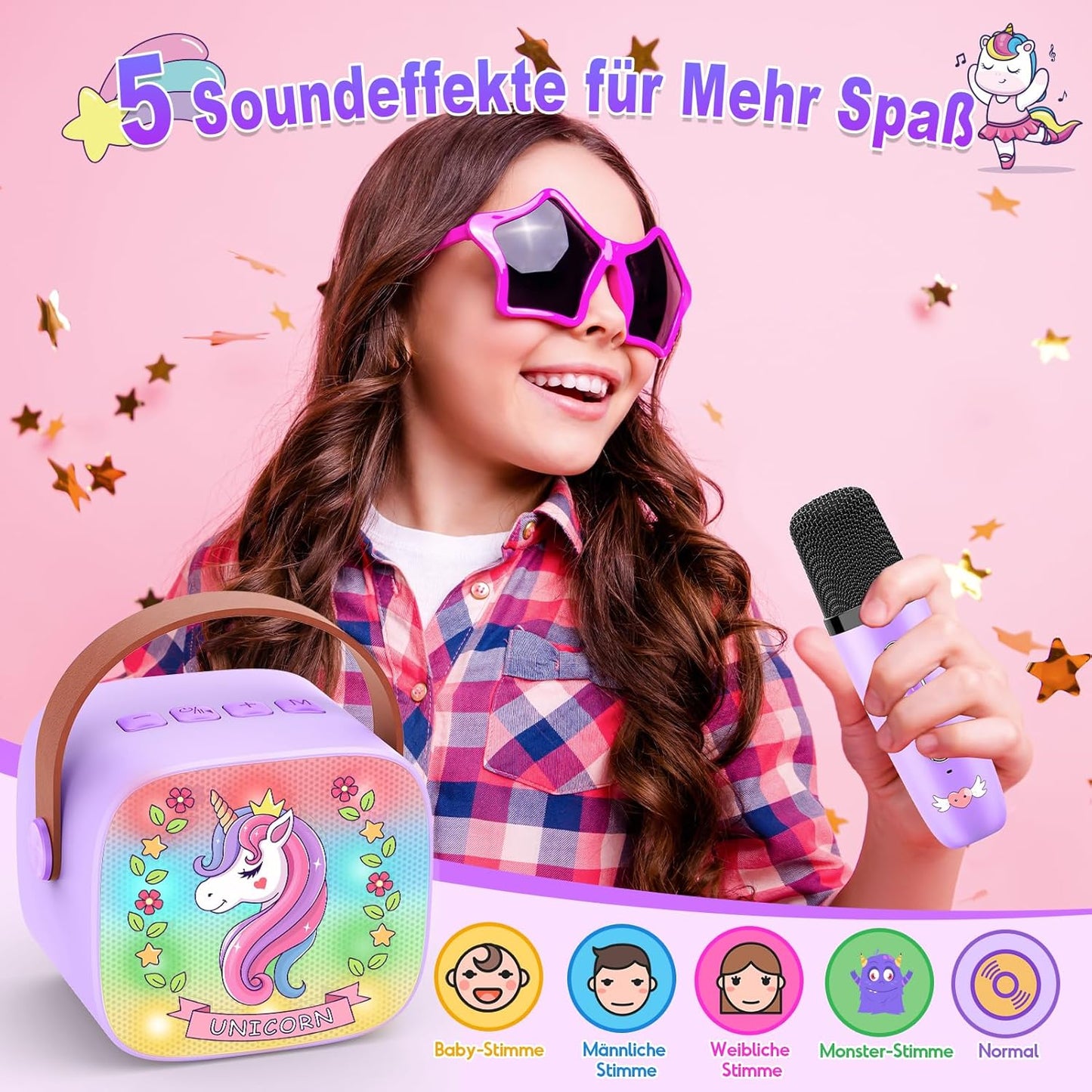 Karaoke Machine with 2 Bluetooth Microphones, Children's Unicorn Christmas Gifts Toy for Girls 3-12 Years, Portable Karaoke Microphone Set with DSP and LED Lights