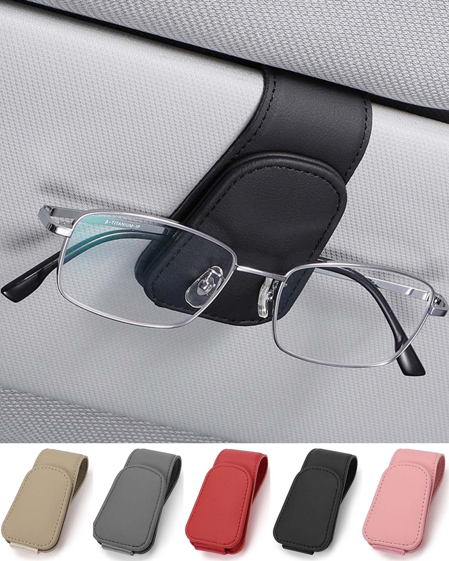 JEJA Glasses Holder for Car Sun Visor, Leather Sunglasses Holder for Car Visor Accessories, Ticket Card Clip, Black