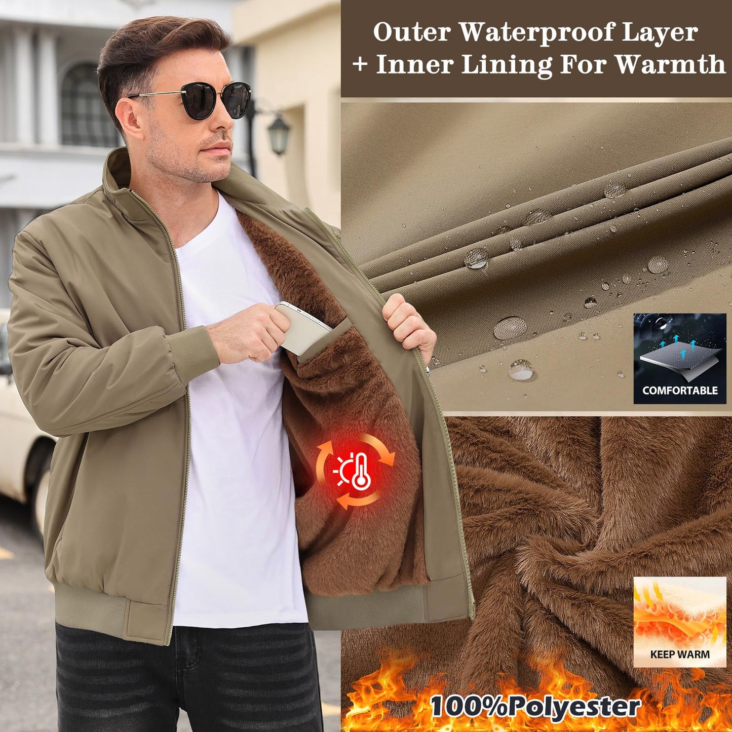 Lonya Men's Fleece Winter Windproof Bomber Jacket Full Zip Transition Jacket Flight Jacket Autumn Warm Padded Stand-Up Collar Coats Jackets