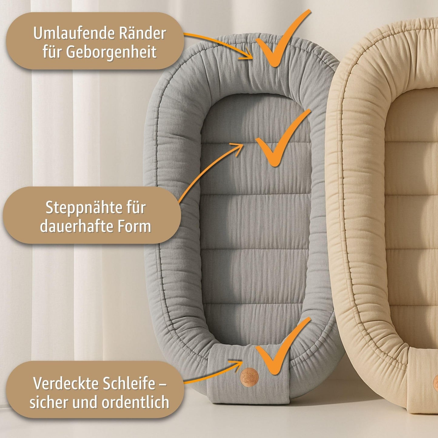 Musselin Babynest Nestchen Baby 90x50 cm - Babynestchen Neugeborene Nest für Kinder Bett und Babybett tragbar Kuschelnest Coccon für Jungen und Mädchen Baumwolle Grau