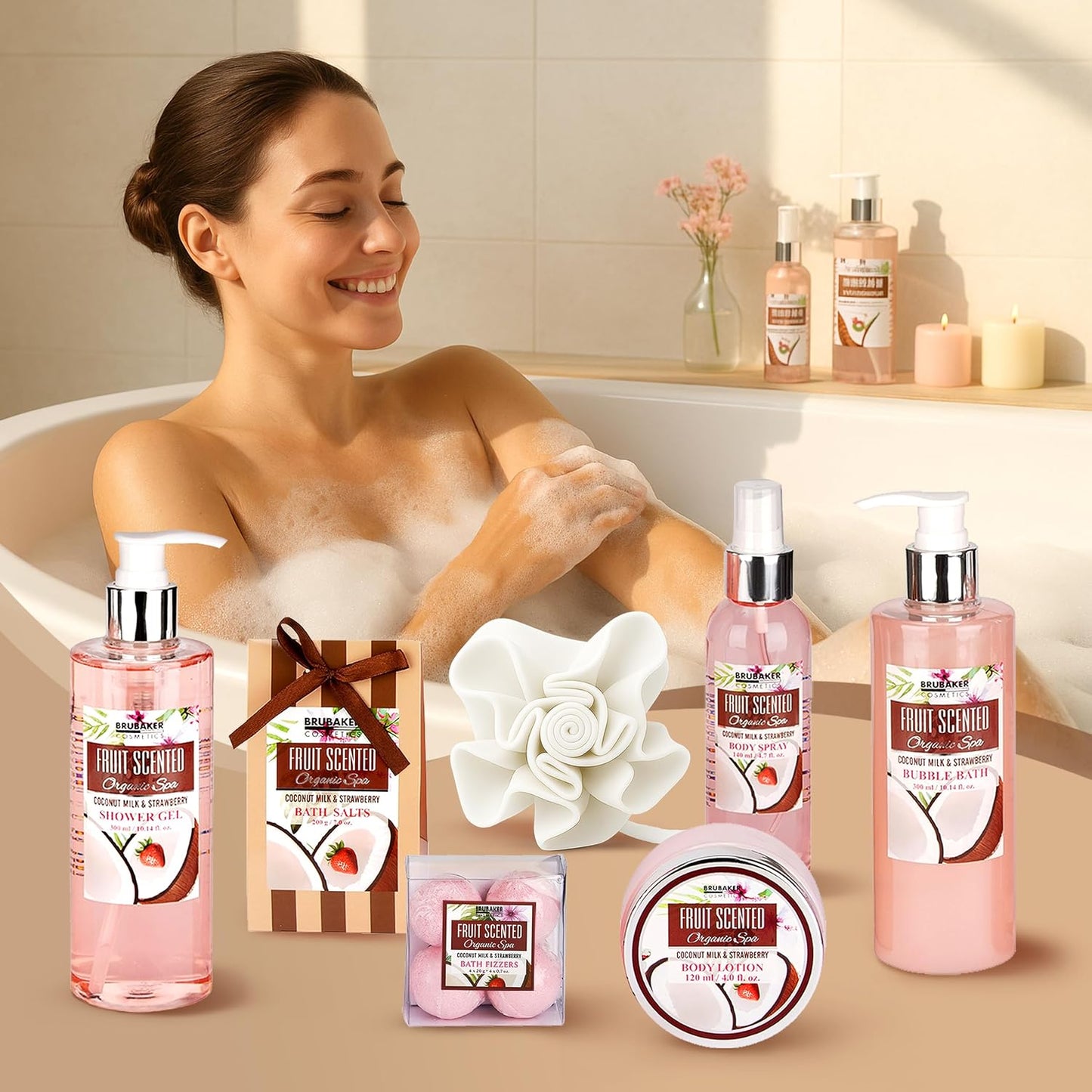BRUBAKER Cosmetics Bade- und Dusch Set Kokosnuss & Erdbeer Duft