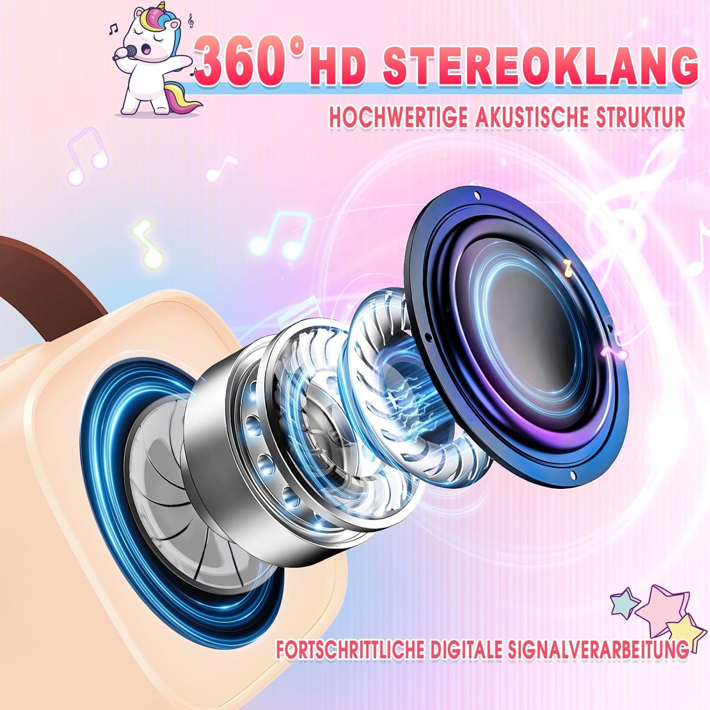 Karaoke Machine with 2 Bluetooth Microphones, Children's Unicorn Christmas Gifts Toy for Girls 3-12 Years, Portable Karaoke Microphone Set with DSP and LED Lights