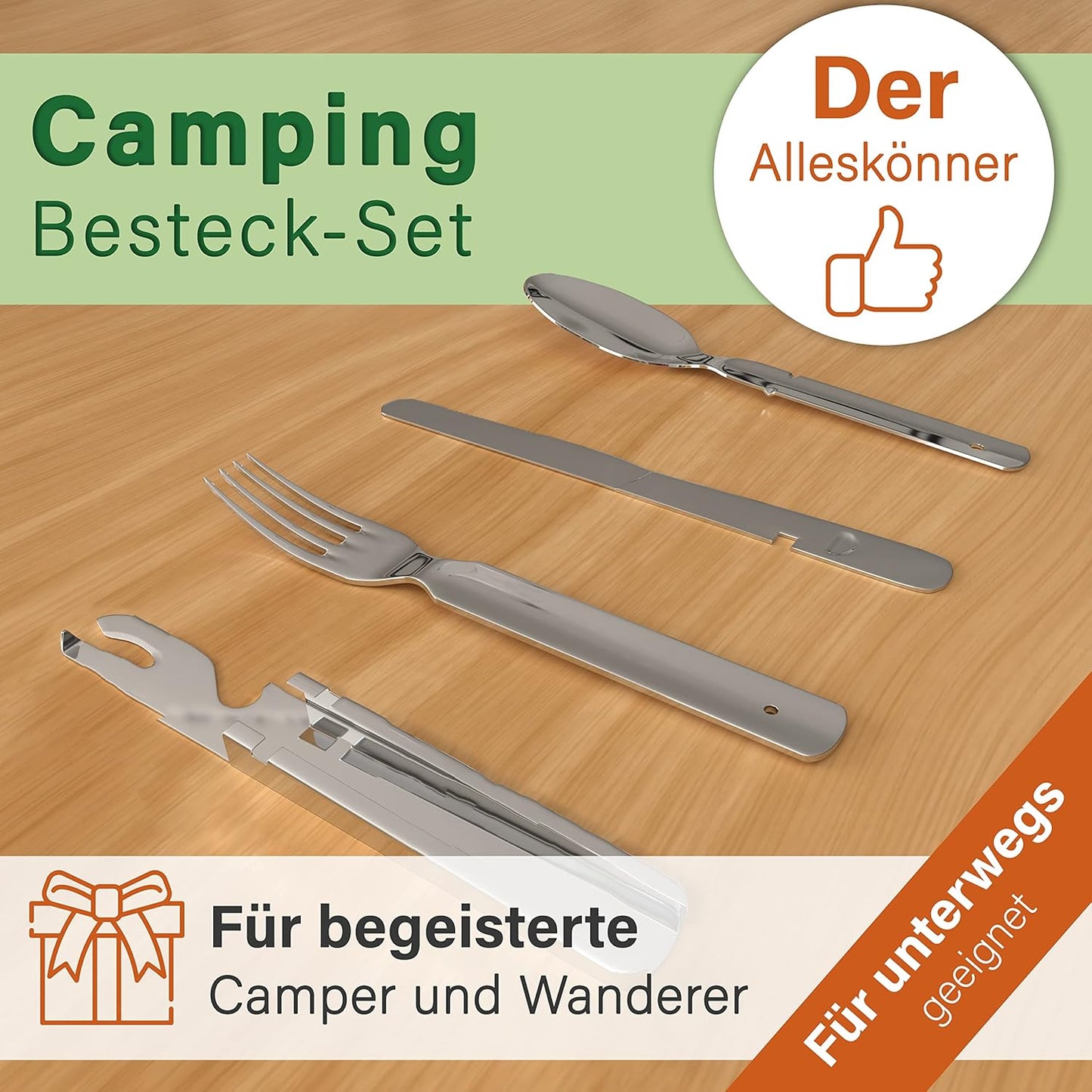 Klassisches Bundeswehr Edelstahl Besteck 4-Teilig Campingbesteck als Essbesteck Set zum Camping Besteckset Outdoor Besteck