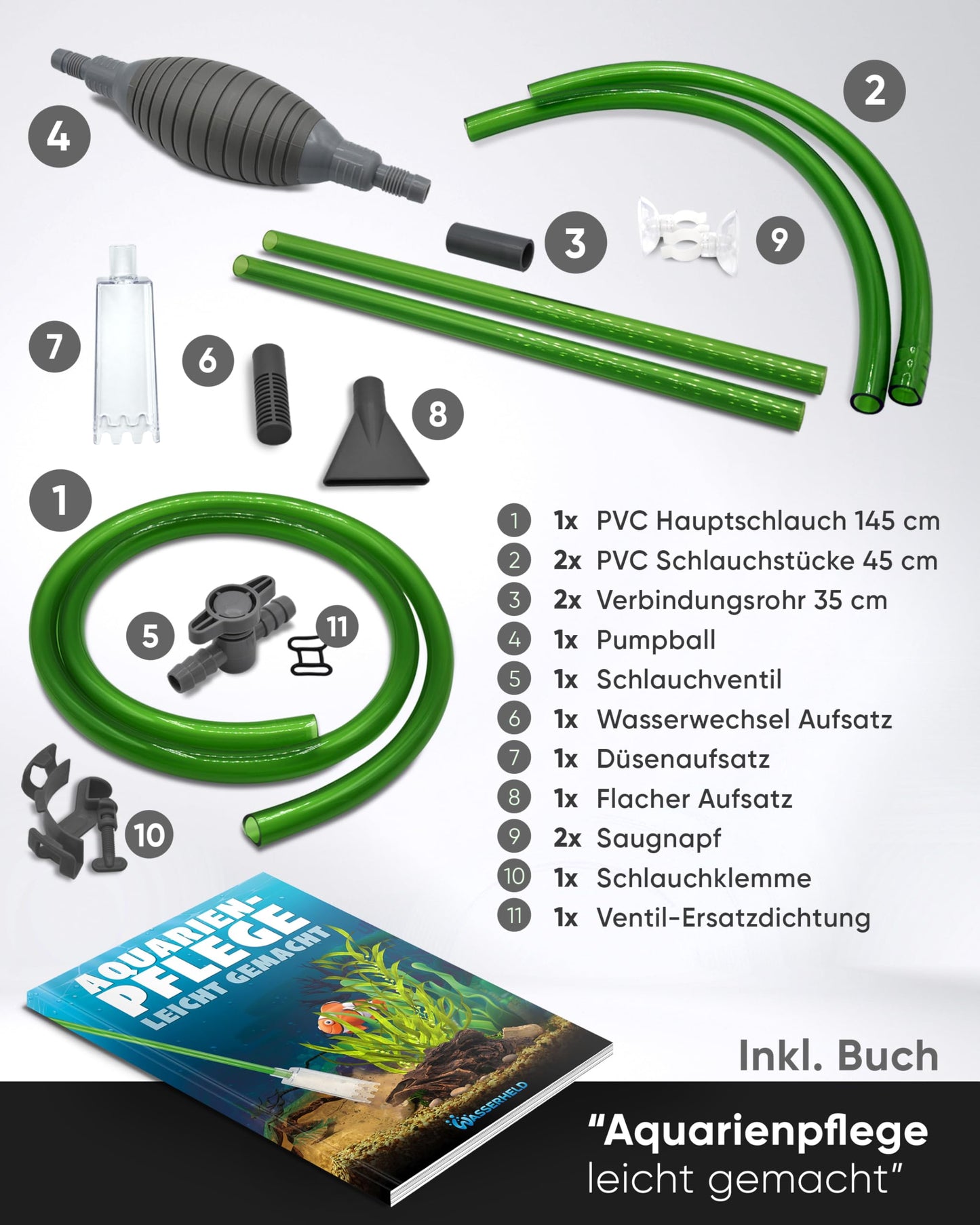 WASSERHELD - Mulmsauger Aquarium mit 3 Aufsätzen - Aquarium Wasserwechsel [3M Schlauch] - Aquarium Reinigungsset & Aquarium Sauger für Kies und Sand mit Schlauchventil - Aquarium Zubehör inkl. Buch