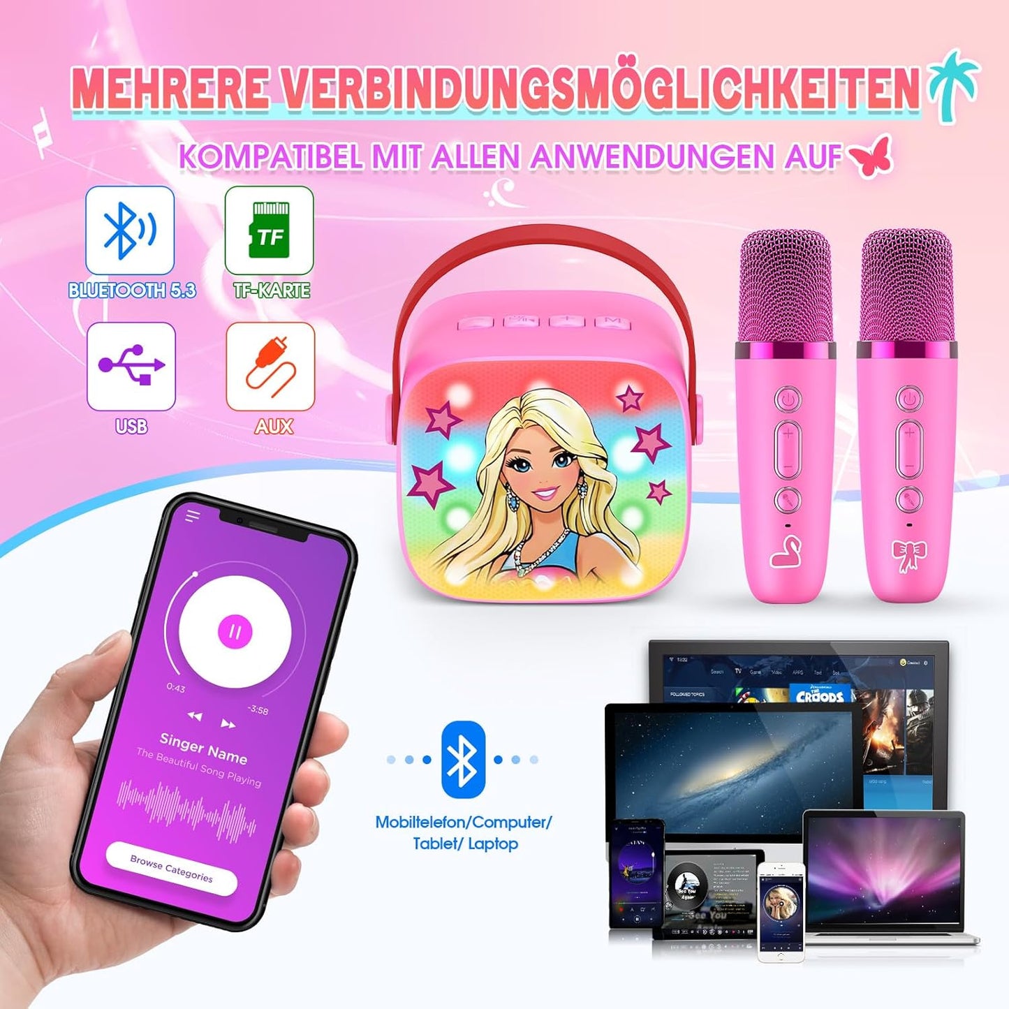 Karaoke Machine with 2 Bluetooth Microphones, Children's Unicorn Christmas Gifts Toy for Girls 3-12 Years, Portable Karaoke Microphone Set with DSP and LED Lights