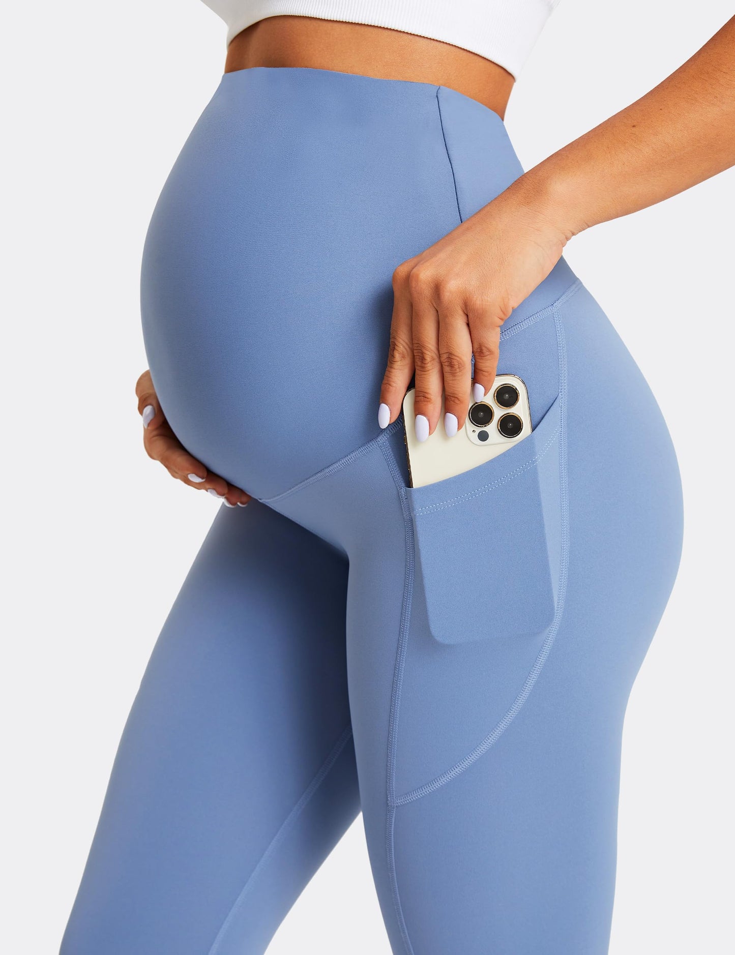 BAYDI Damen Umstandsleggings mit Taschen Blickdichte Lange Schwangerschaftsleggings High Waist Umstandshose Damen Weich elastisch Schwangerschaftshose