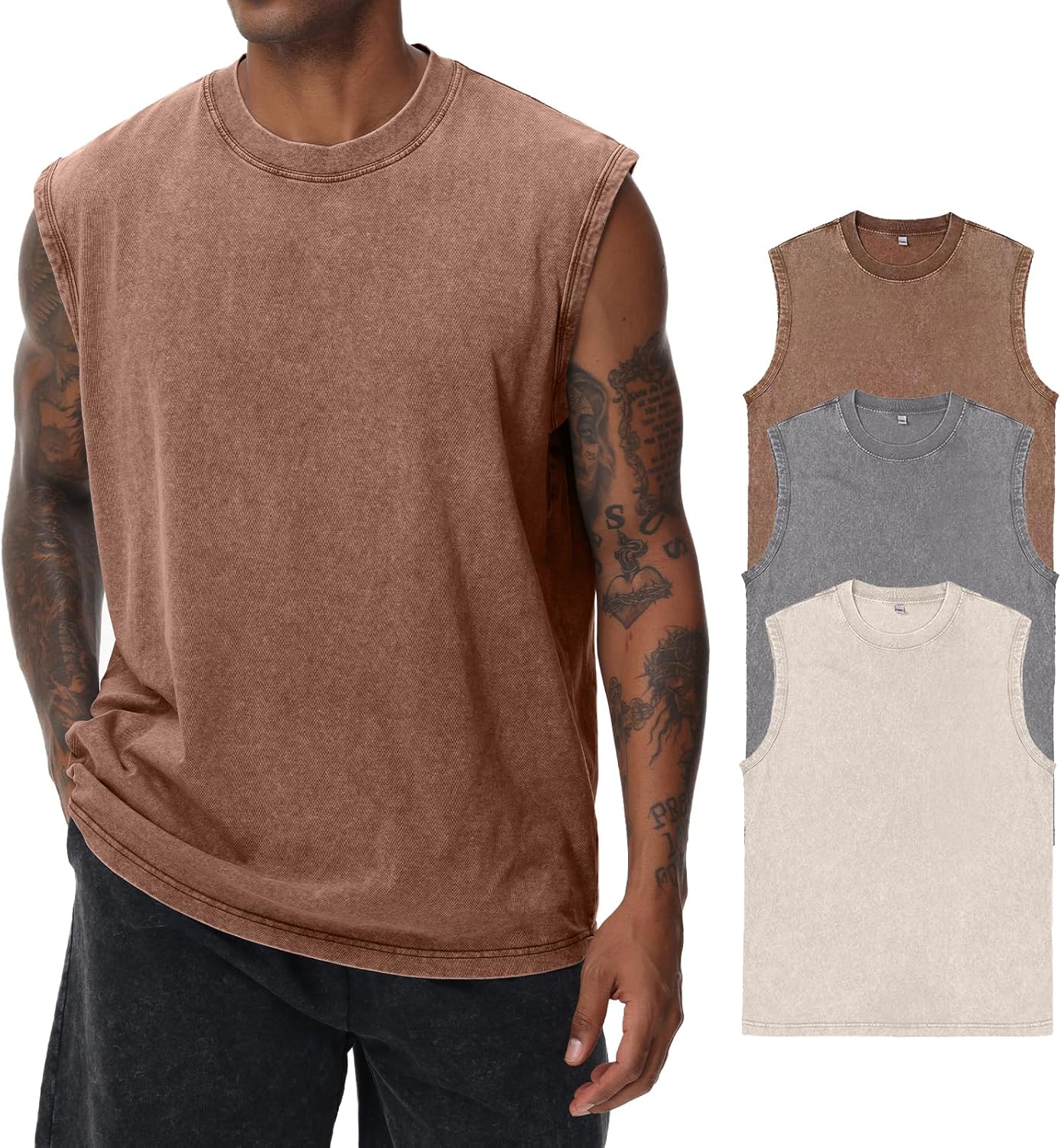 Herren Kurzarm Sommer Ärmelloses Shirt, Männer Fitness ärmellos Weste, Washed Sleeveless t-Shirt, Workout, Fitnessstudio, Baumwolle