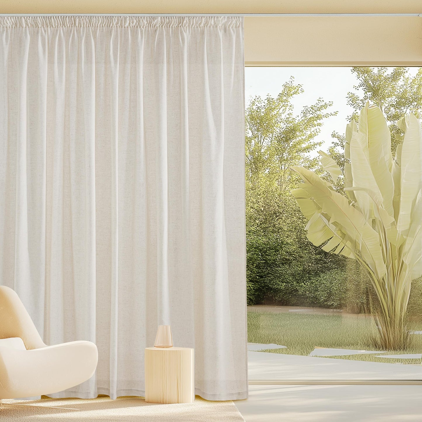 PONY DANCE Leinenvorhang Kräuselband Wohnzimmer Vorhänge Boho 2er Set H 245 x B 140 cm Leinen Gardinen für Schienensystem Leinenoptik Vorhänge Halbtransparent Linen Curtains Living Room, Beige