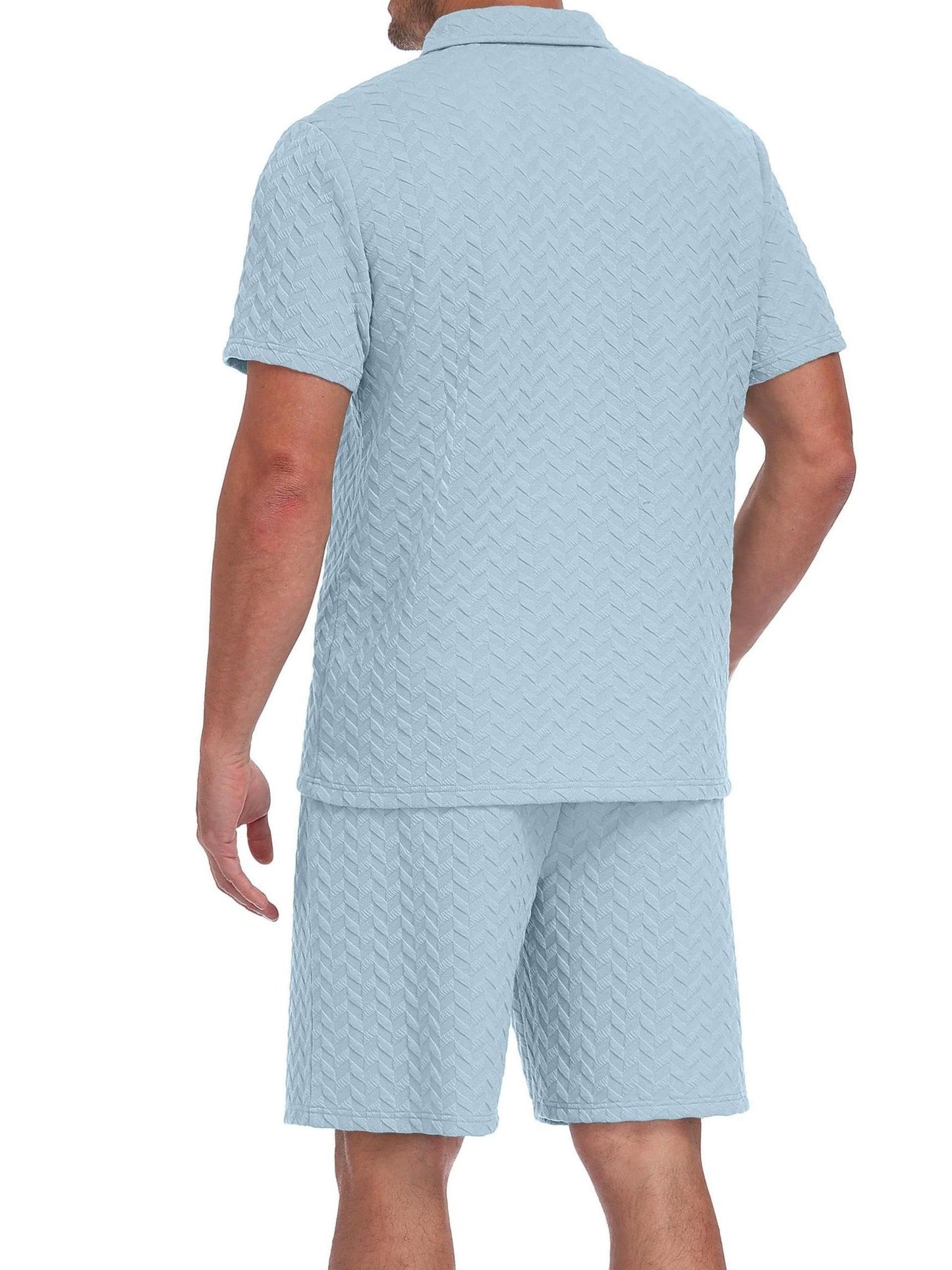 QIXING Herren Sommer Set 2 Teiler Polohemd und Shorts Set Herren Kurzarm Polo Shirt mit Strukturmuster Leichtes Freizeit Outfit für Urlaub Strand Reisen und Alltag