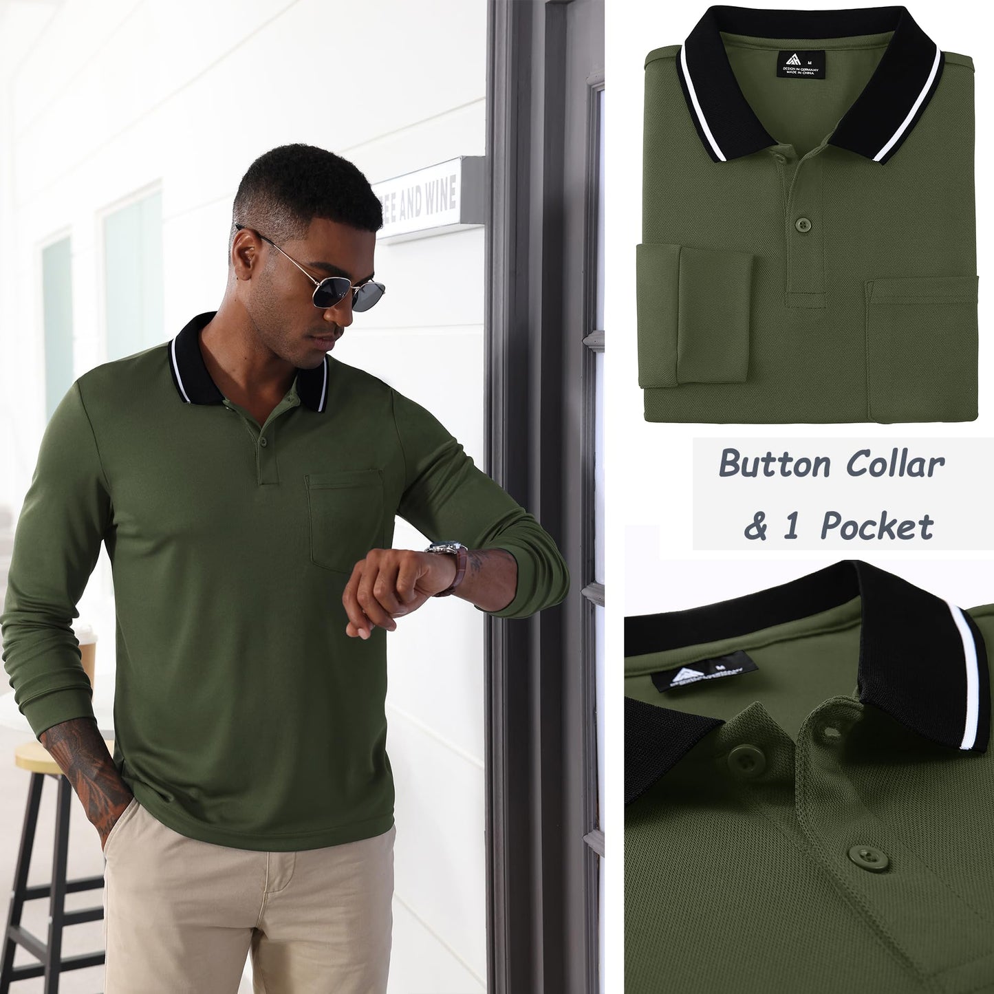 JACKETOWN 3er Pack Poloshirt Herren Langarm Atmungsaktiv Poloshirt Set Knopfkragen Arbeitshemd Golf Polohemd Frühling Herbst Arbeits T Shirt mit Tasche