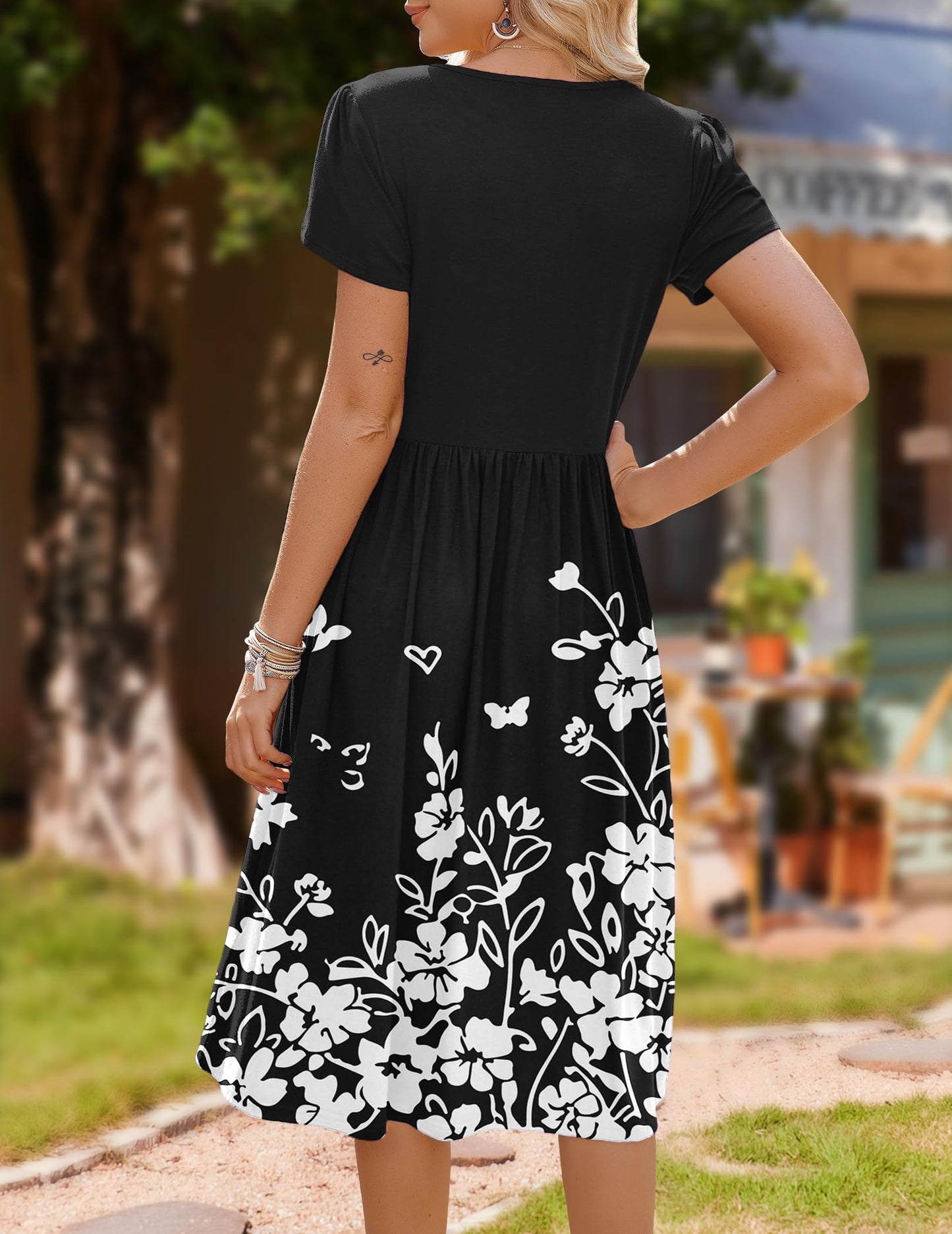 ZEAGOO Sommerkleid Damen Elegant Kleider Kurzarm Rundhals Midikleid A-Linie Blumenkleid Casual Tunika Kleid Hohe Taille Strandkleid mit Taschen S-XXL