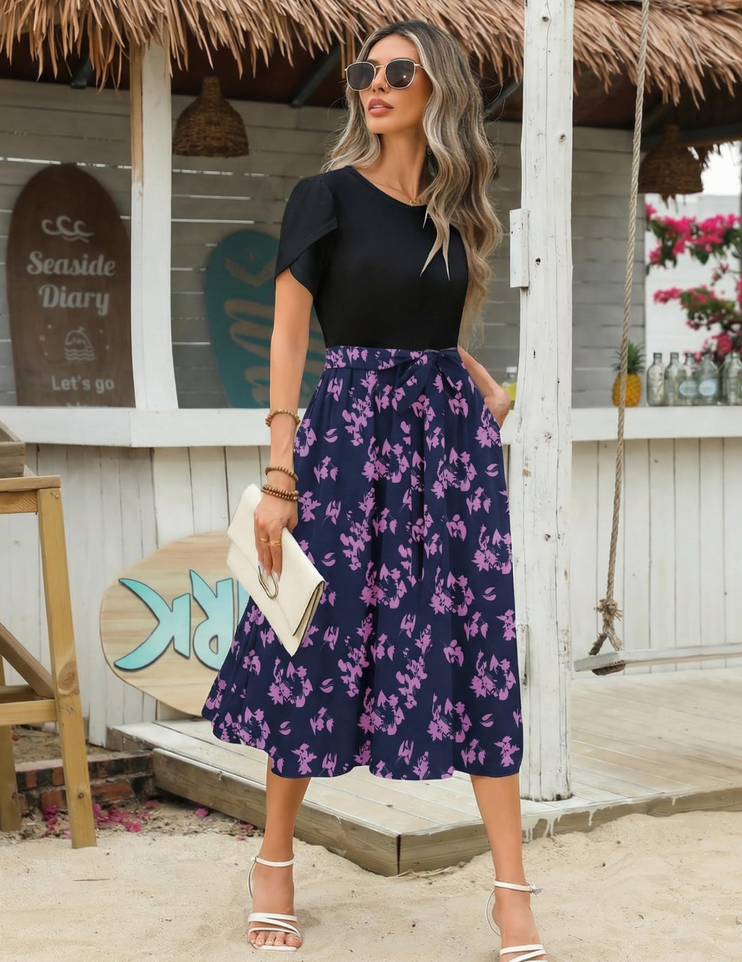 ZEAGOO Sommerkleid Damen Elegant Kleider Kurzarm Rundhals Midikleid A-Linie Blumenkleid Casual Tunika Kleid Hohe Taille Strandkleid mit Taschen S-XXL