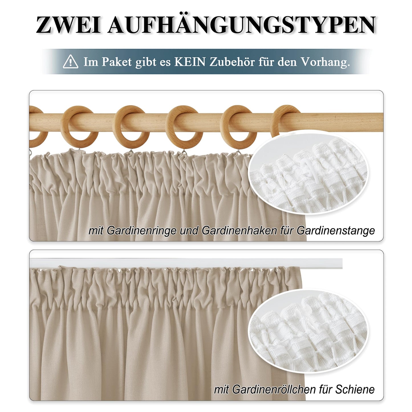 PONY DANCE Leinenvorhang Kräuselband Wohnzimmer Vorhänge Boho 2er Set H 245 x B 140 cm Leinen Gardinen für Schienensystem Leinenoptik Vorhänge Halbtransparent Linen Curtains Living Room, Beige