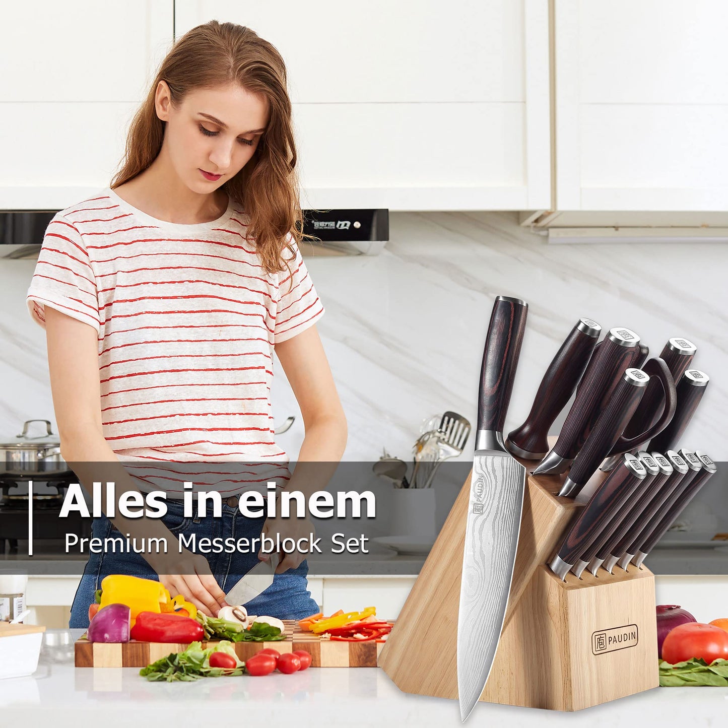 PAUDIN Messerblock, 14-teiliges Messer-Set für die Küche, scharf, hochwertiges deutsches Edelstahlmesser-Set mit Holzblock, Messerschäfer und Schere
