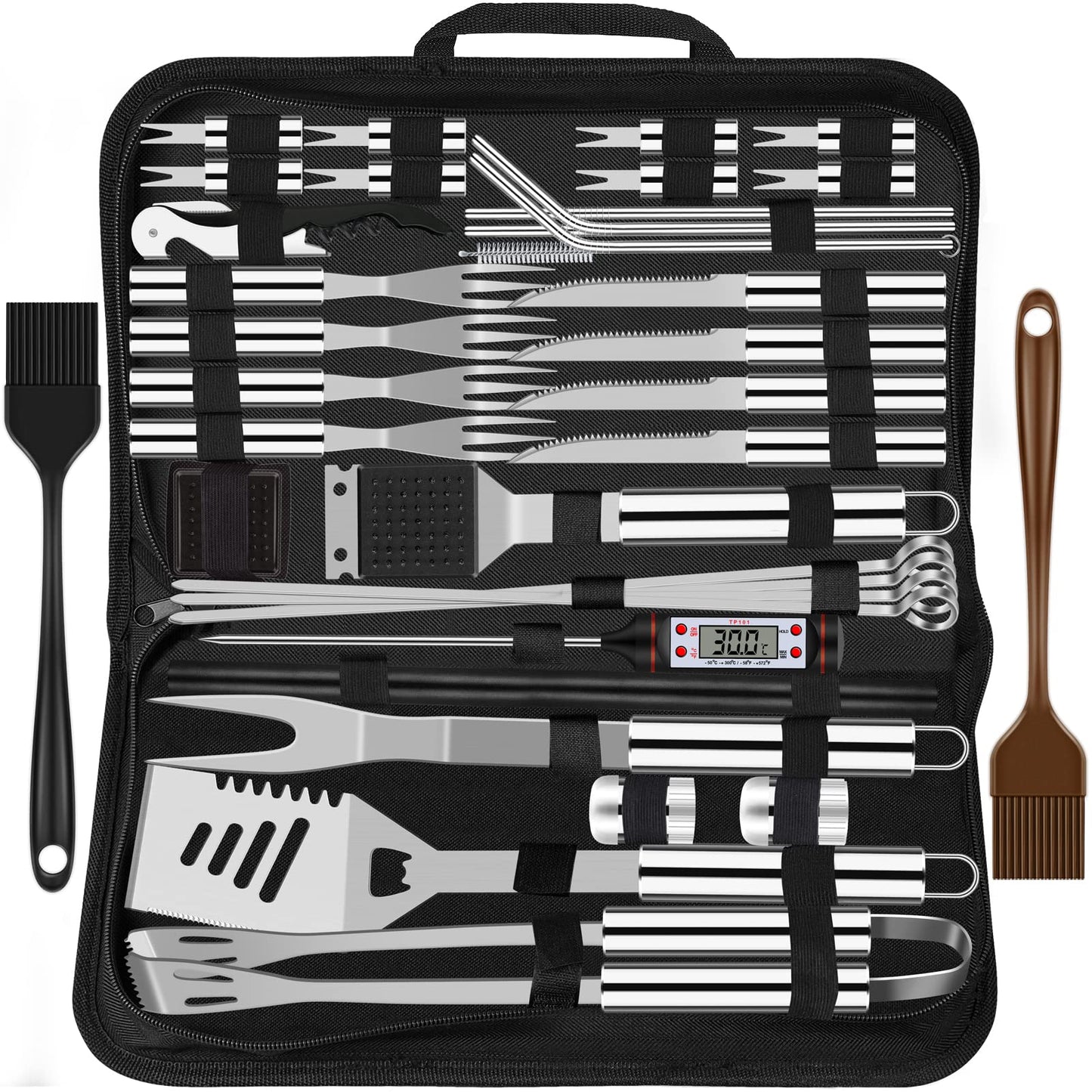 Grilliance 38 Stücke BBQ Grillbesteck Set Edelstahl Grillzubehör für Männer Geschenk Geburtstag Hochwertiger Grillutensilien Set Koffer mit Grillkoffer und Grillmatte für Garten und Camping Braun