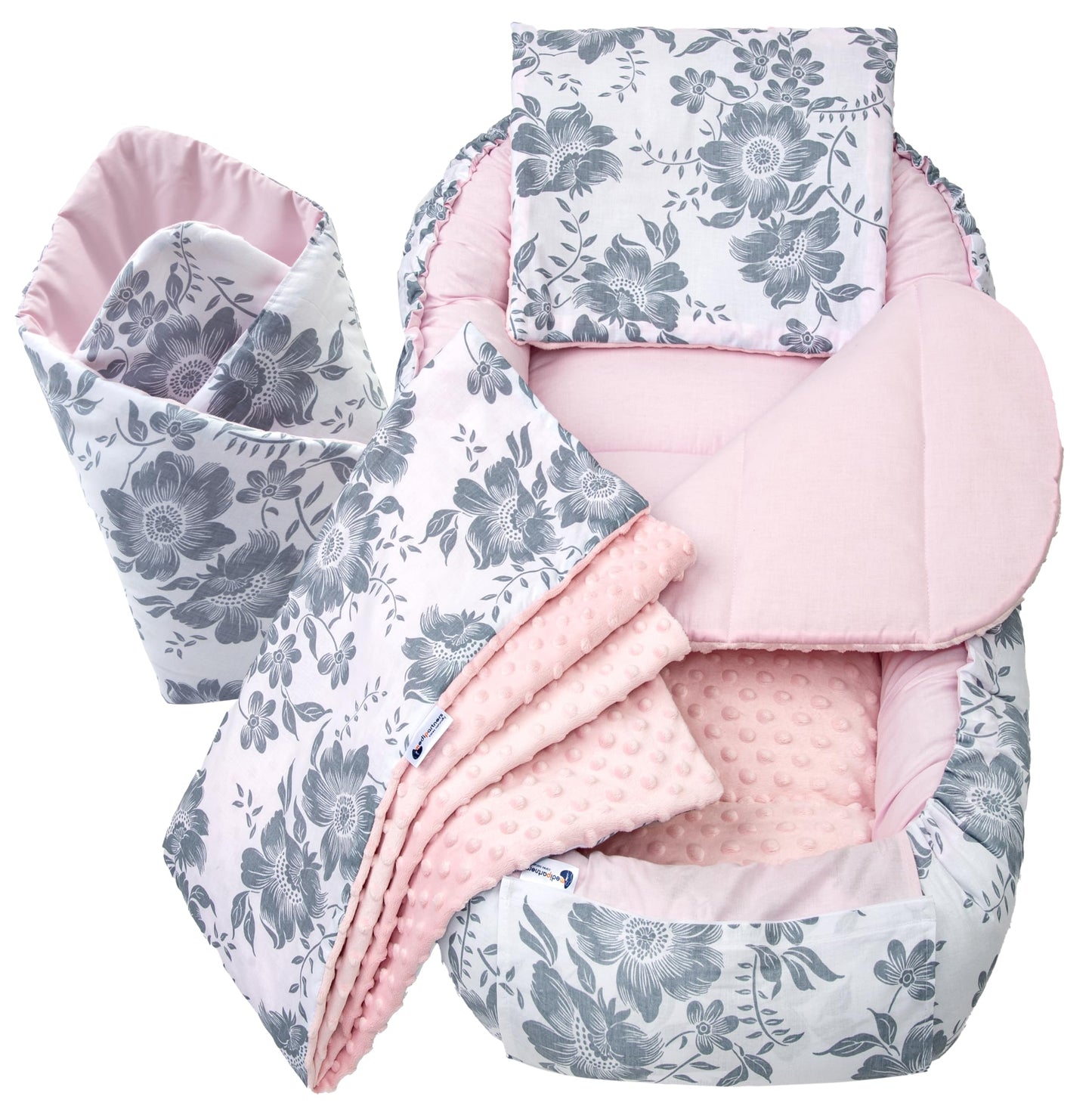 Medi Partners Babynest Nestchen Baby Set für Neugeborene - 100x60x15 Kuschelnest 5 teilig tragbar Nest zweiseitig Babynestchen Bett 100% Baumwolle (Lichtung mit grauem Minky)