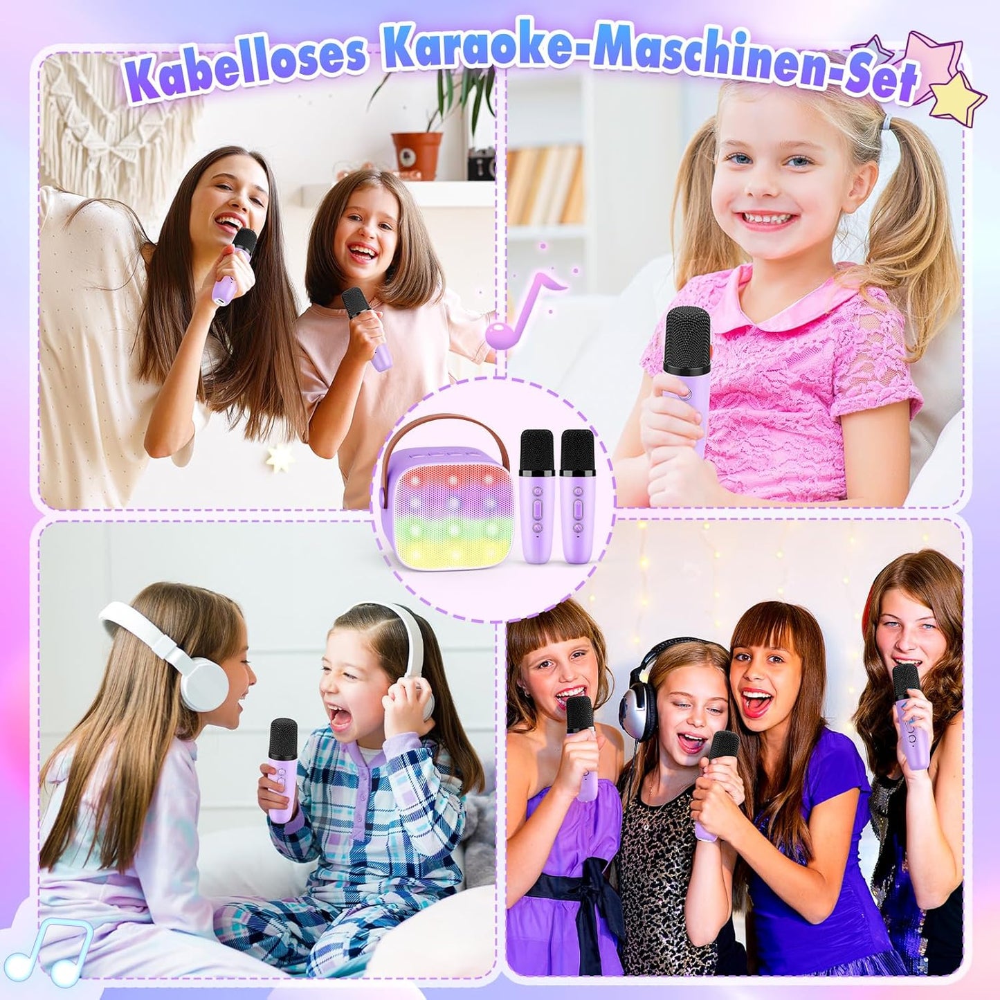 Karaoke Machine with 2 Bluetooth Microphones, Children's Unicorn Christmas Gifts Toy for Girls 3-12 Years, Portable Karaoke Microphone Set with DSP and LED Lights