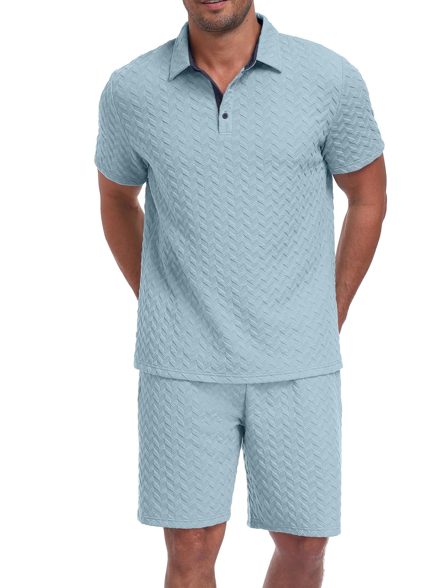 QIXING Herren Sommer Set 2 Teiler Polohemd und Shorts Set Herren Kurzarm Polo Shirt mit Strukturmuster Leichtes Freizeit Outfit für Urlaub Strand Reisen und Alltag
