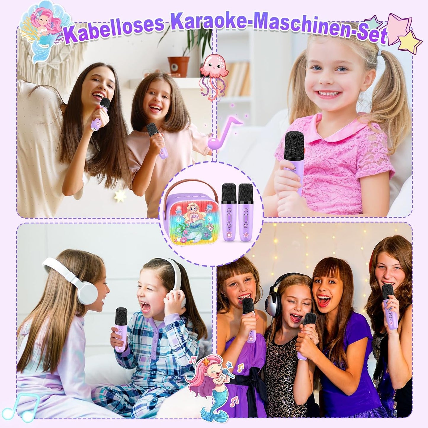 Karaoke Machine with 2 Bluetooth Microphones, Children's Unicorn Christmas Gifts Toy for Girls 3-12 Years, Portable Karaoke Microphone Set with DSP and LED Lights