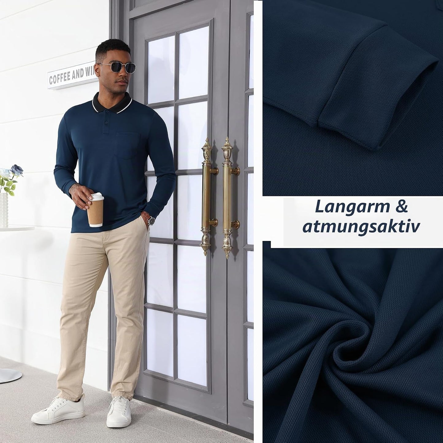 JACKETOWN 3er Pack Poloshirt Herren Langarm Atmungsaktiv Poloshirt Set Knopfkragen Arbeitshemd Golf Polohemd Frühling Herbst Arbeits T Shirt mit Tasche