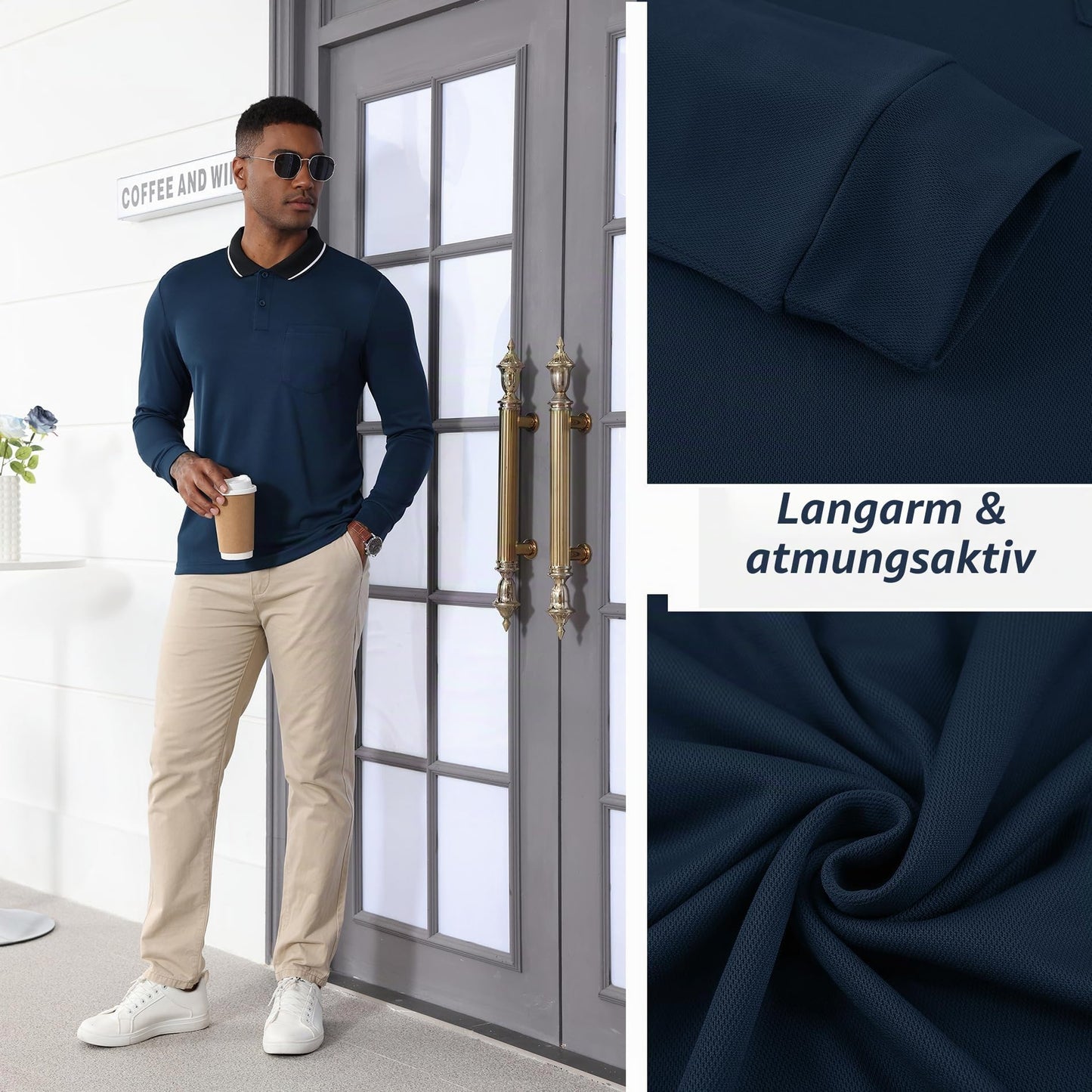 JACKETOWN 3er Pack Poloshirt Herren Langarm Atmungsaktiv Poloshirt Set Knopfkragen Arbeitshemd Golf Polohemd Frühling Herbst Arbeits T Shirt mit Tasche