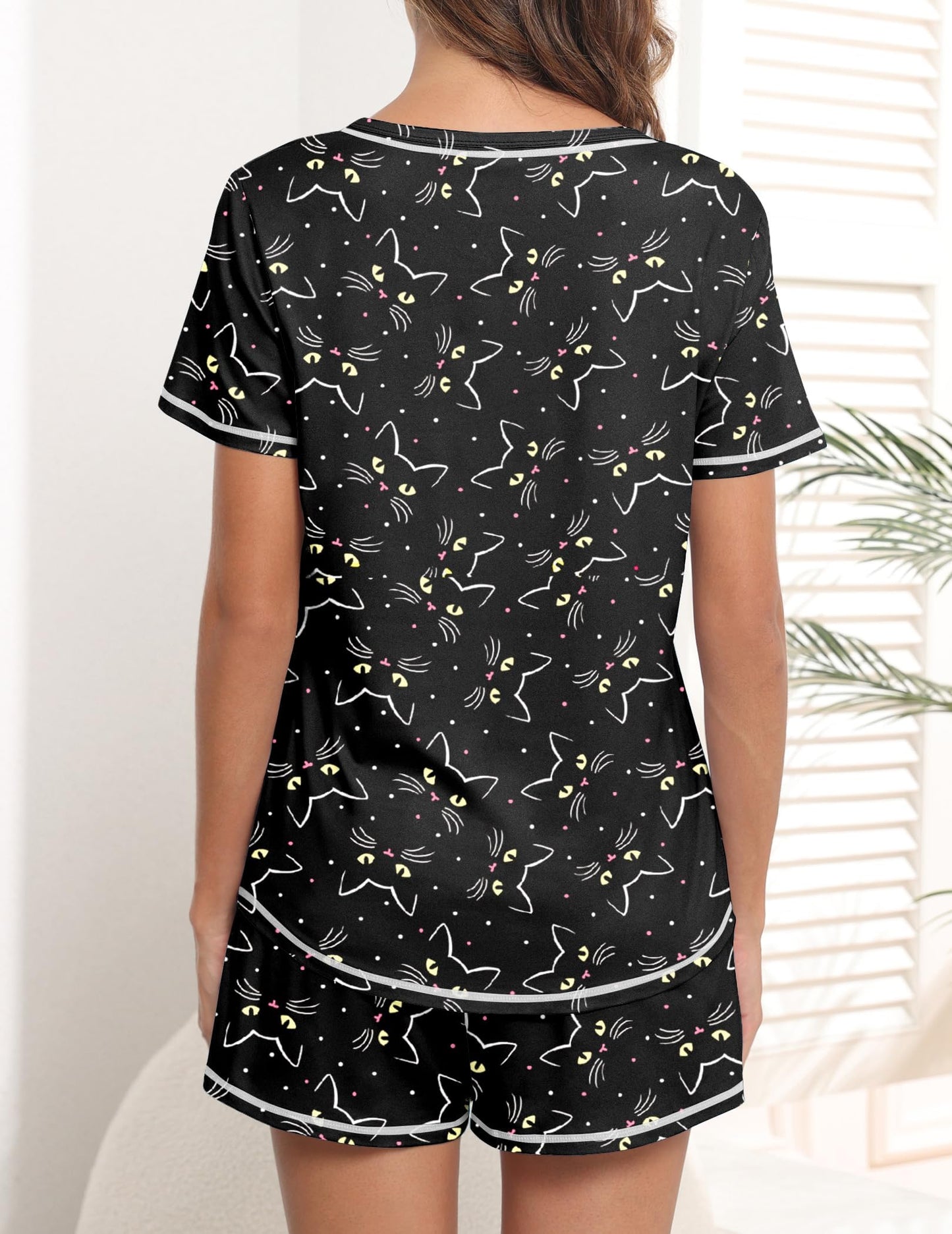 Ekouaer Schlafanzug Damen Kurz Pyjama Set Kurzarm Sommer Nachtwäsche Gedruckt with Taschen S-XXL