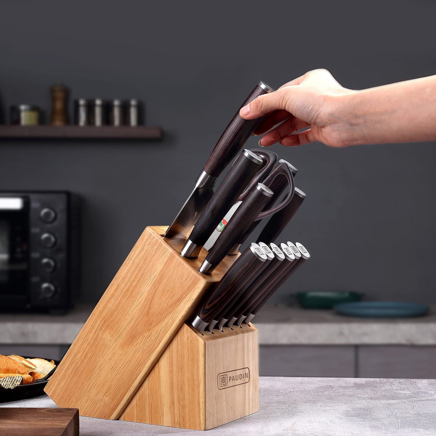 PAUDIN Messerblock, 14-teiliges Messer-Set für die Küche, scharf, hochwertiges deutsches Edelstahlmesser-Set mit Holzblock, Messerschäfer und Schere