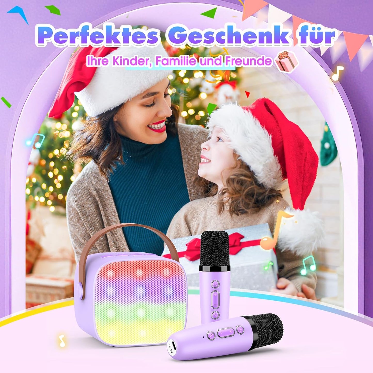 Karaoke Machine with 2 Bluetooth Microphones, Children's Unicorn Christmas Gifts Toy for Girls 3-12 Years, Portable Karaoke Microphone Set with DSP and LED Lights
