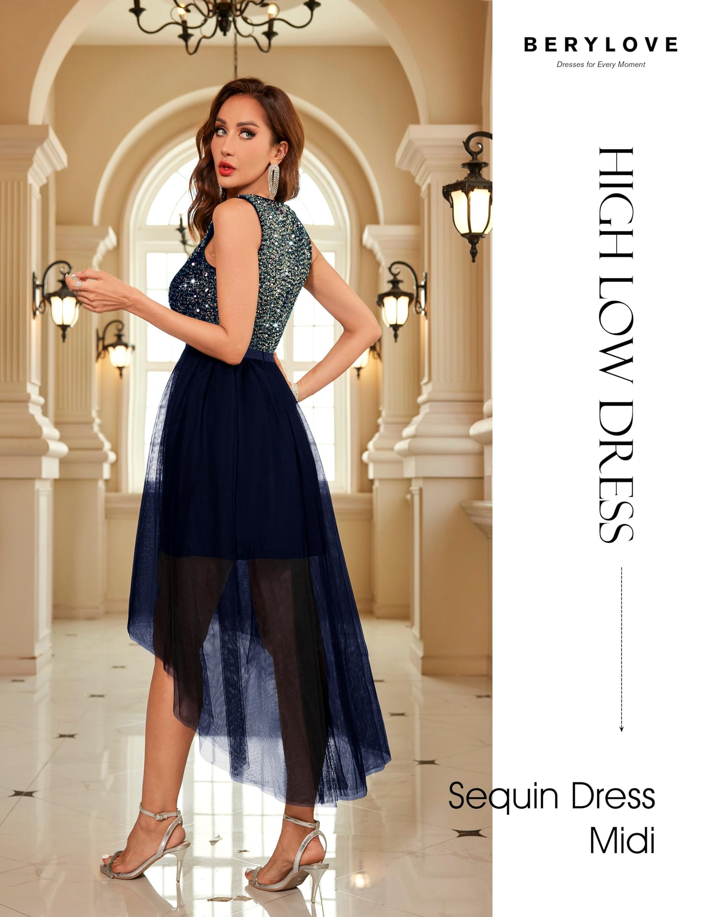 Berylove Kleid Festlich Damen Abendkleid mit Pailletten Cocktailkleid Ballkleid Lang Glitzer V Ausschnitt Ärmellos Tüllkleid