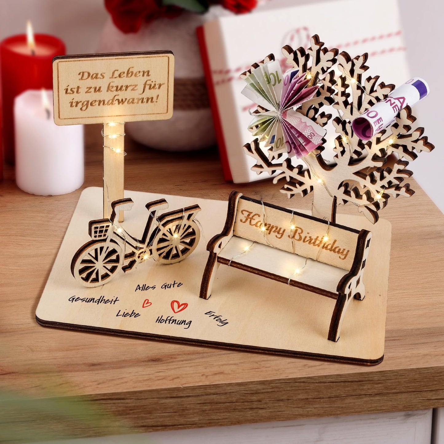 I LOVE MOM Geldgeschenk Geburtstag Holz, Fahrrad Geschenk, DIY Holz Schild Gästebuch Dreidimensionale Bäume Sitzbank Deko Zahlen für Geschenke, Hochzeiten, Partys, Geburtstage, Jubiläum (GYY-60)