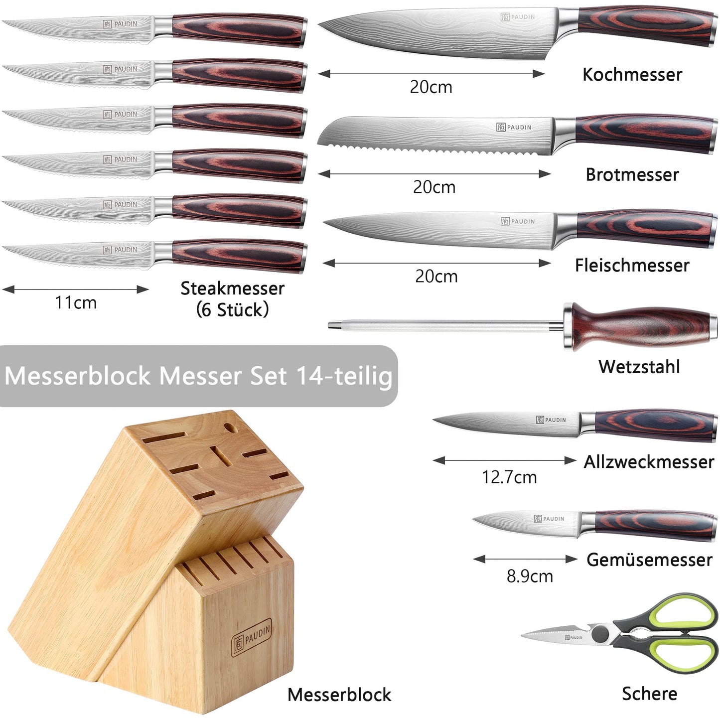PAUDIN Messerblock, 14-teiliges Messer-Set für die Küche, scharf, hochwertiges deutsches Edelstahlmesser-Set mit Holzblock, Messerschäfer und Schere