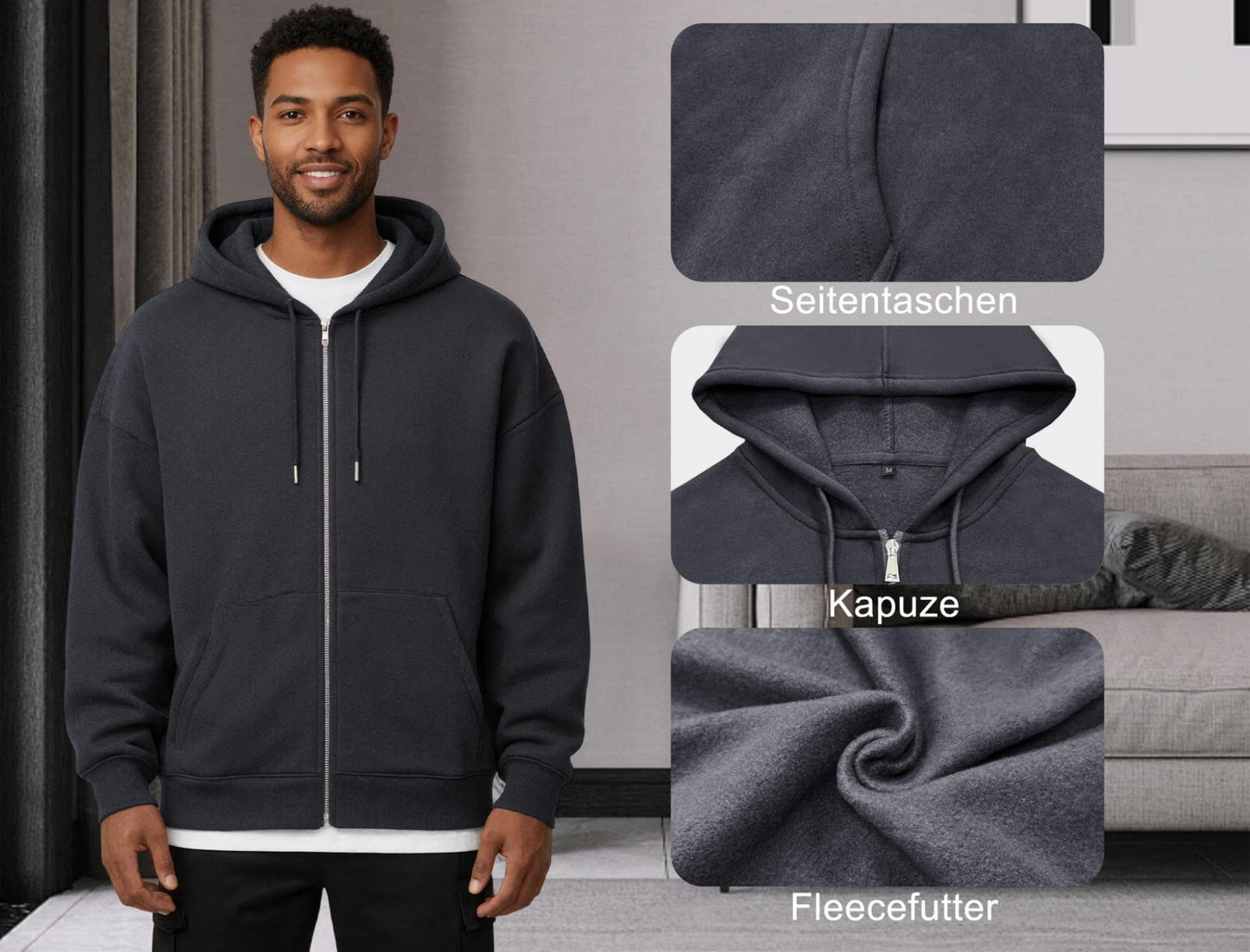 Oyamiki Hoodie Herren Langarm Kapuzenjacke Reißverschluss Sweatjacke Fleece Kapuzenpullover Lässige Kapuze Jacke Sweatshirt Pullover mit Taschen
