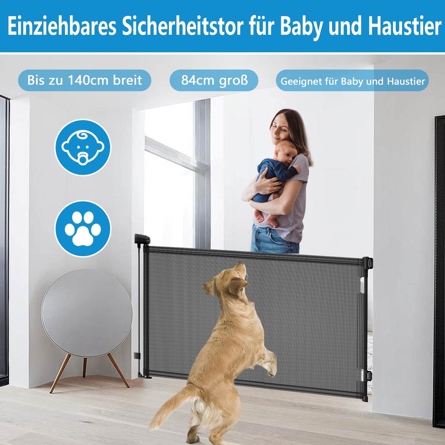 Retractable Stair Safety Gate for Babies, 0-150 cm Wide, Baby Barrier, Cat and Dog Barrier, One-Handed Operation, Suitable for Indoor & Outdoor Use (150 cm, Black)